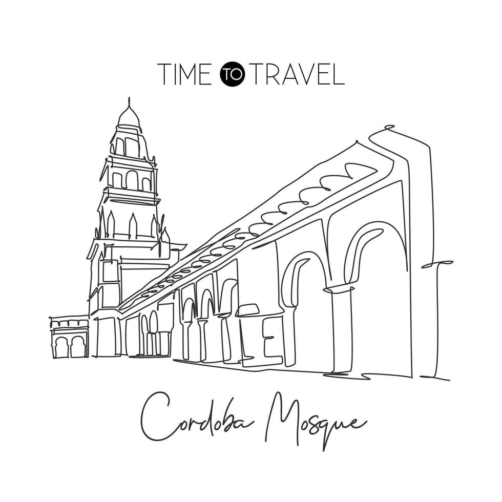 Single continuous line drawing Great Mosque of Cordoba landmark. Famous place in Andalusia, Spain. World travel campaign wall decor print art concept. Dynamic one line draw design vector illustration