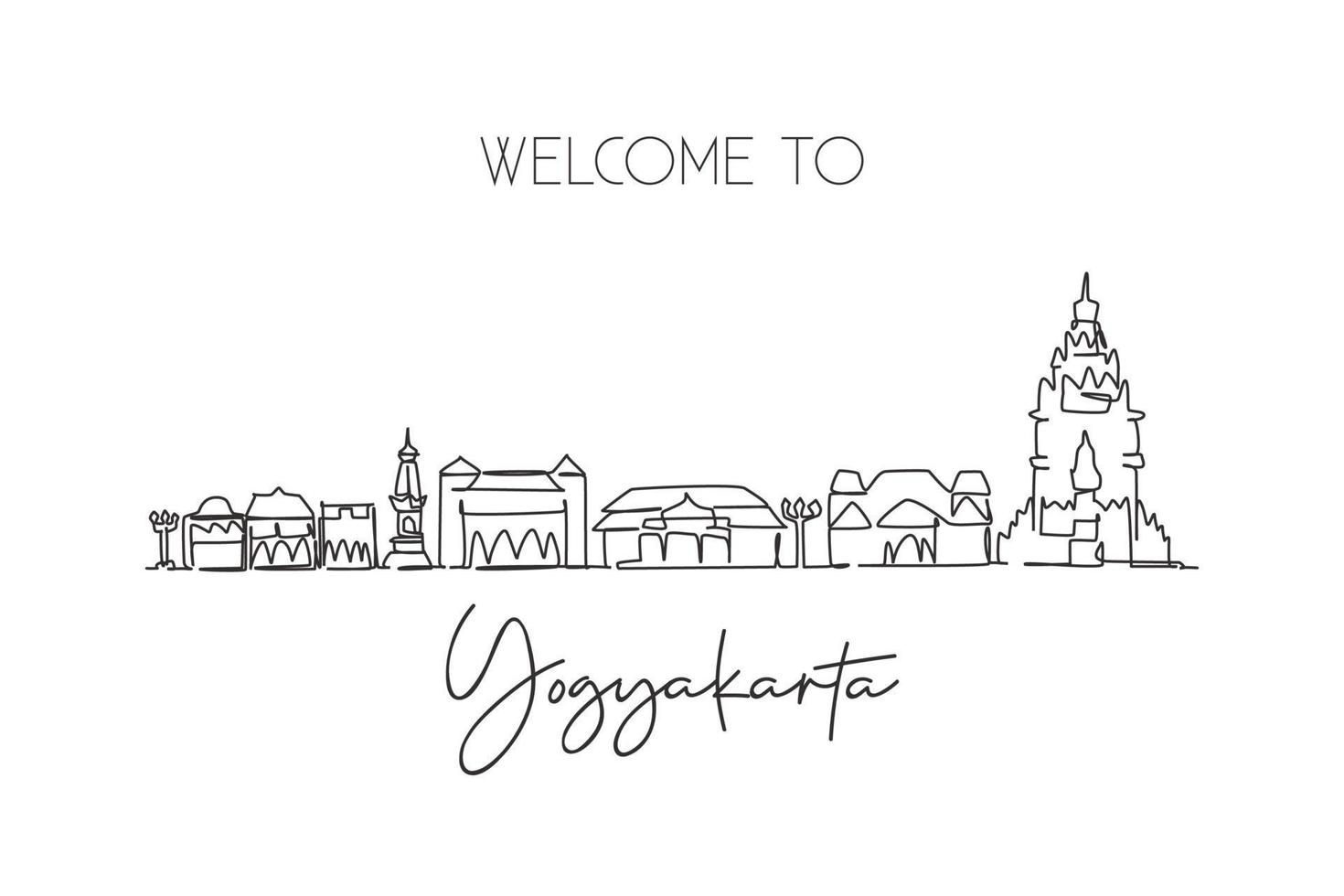 Single continuous line drawing Yogyakarta skyline, Indonesia. Famous city scraper landscape postcard. World travel destination concept. Editable stroke modern one line draw design vector illustration