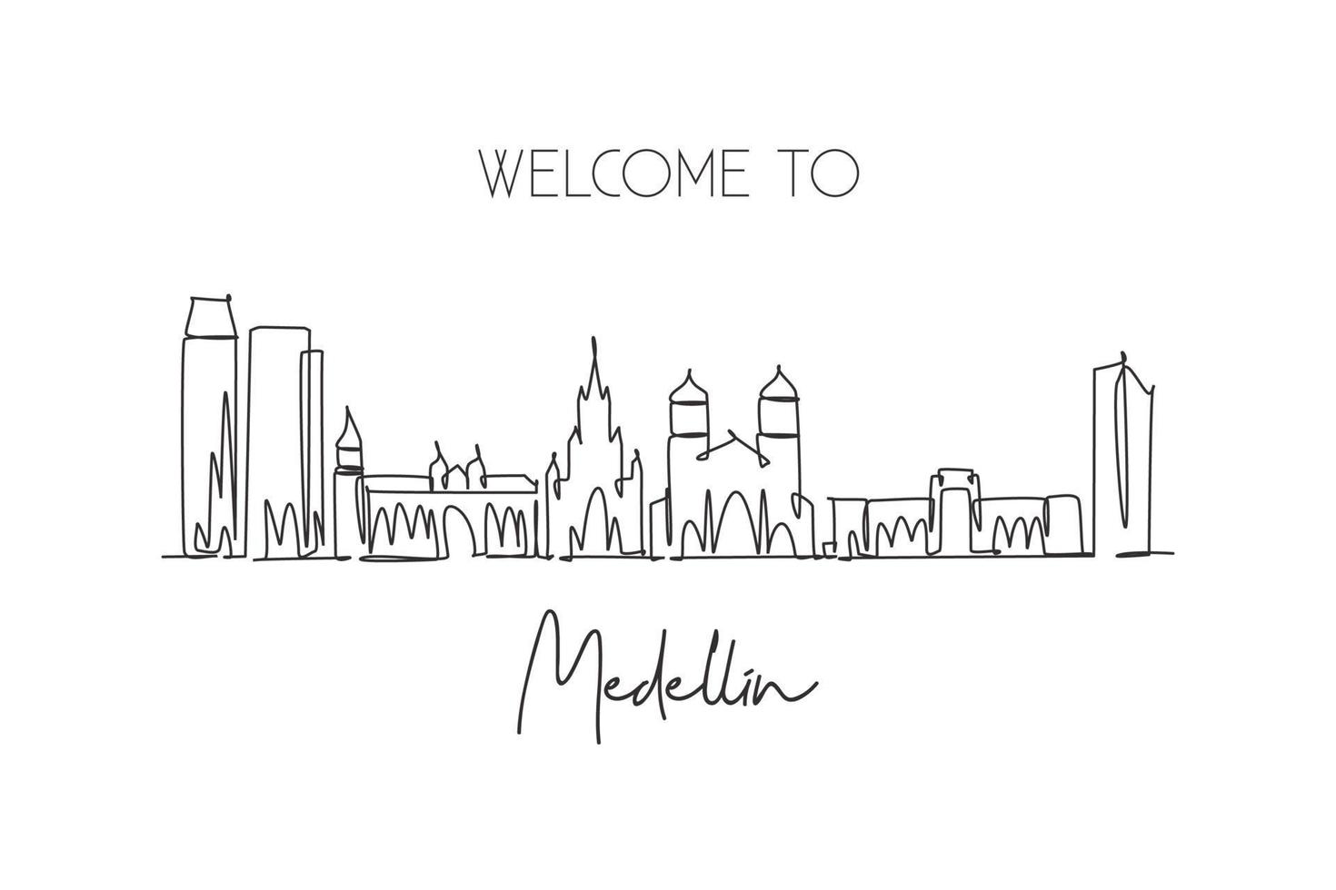 One single line drawing of Medellin city skyline, Colombia. World historical town landscape. Best holiday place destination. Editable stroke trendy continuous line draw design art vector illustration