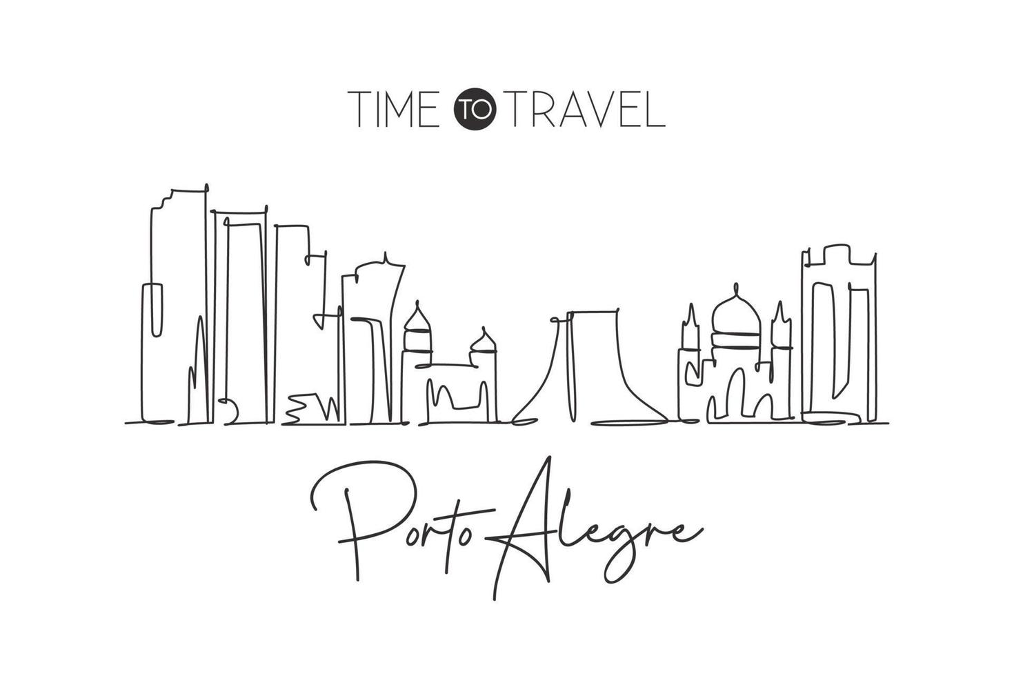 One continuous line drawing of Porto Alegre city skyline, Brazil. Beautiful landmark. World landscape tourism and travel vacation. Editable stylish stroke single line draw design vector illustration