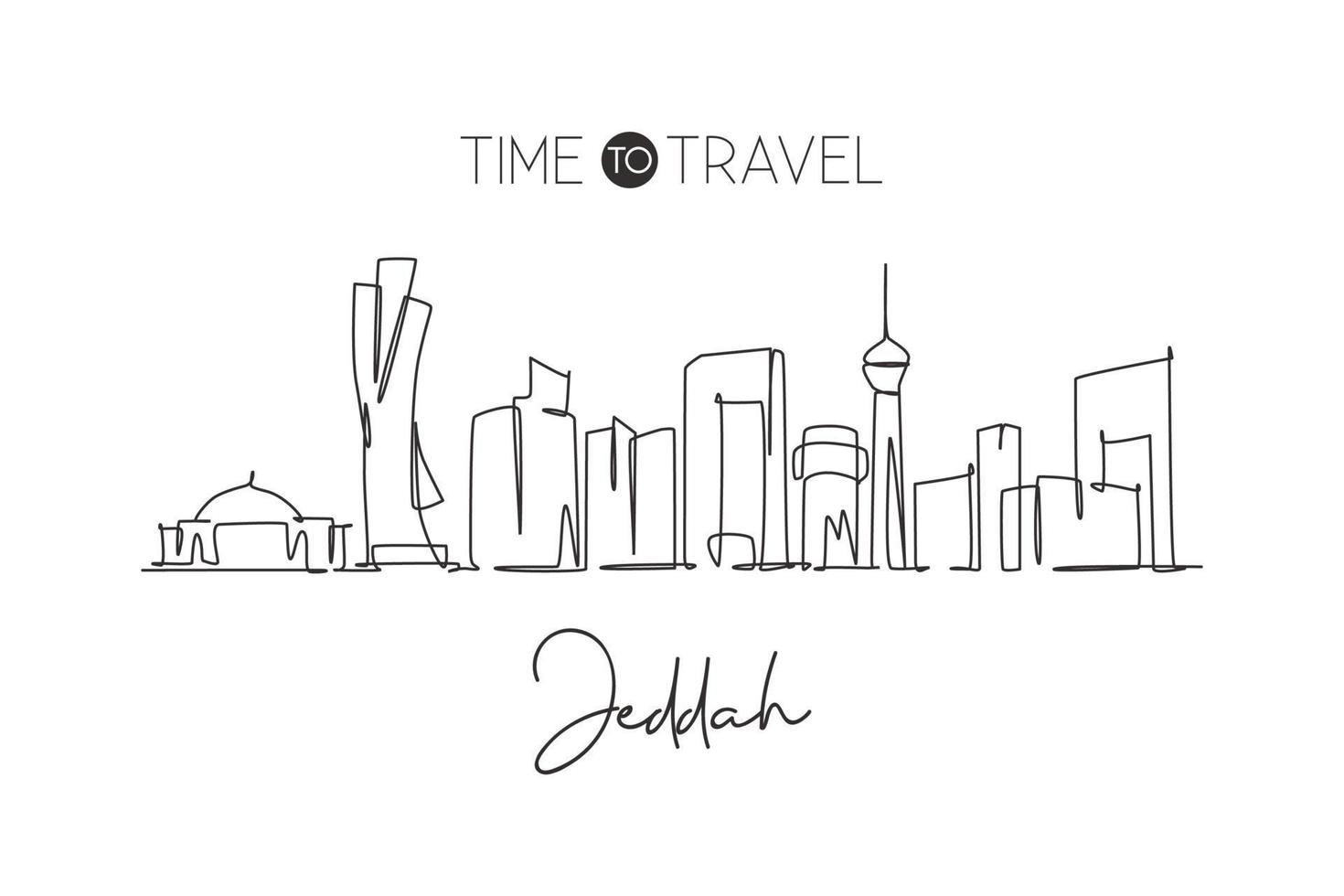 One single line drawing of Jeddah city skyline, Saudi Arabia. World historical town landscape. Best holiday destination wall decor poster print. Trendy continuous line draw design vector illustration