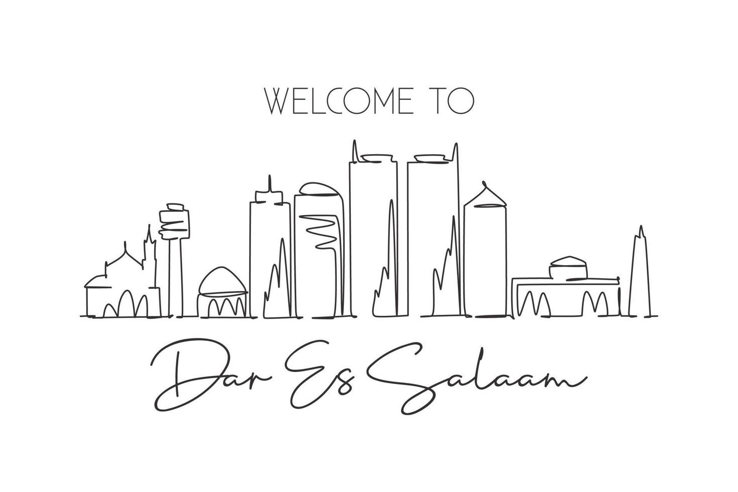 One continuous line drawing of Dar Es Salaam skyline, Tanzania. Beautiful city landmark. World landscape tourism travel wall decor poster print art. Stylish single line draw design vector illustration