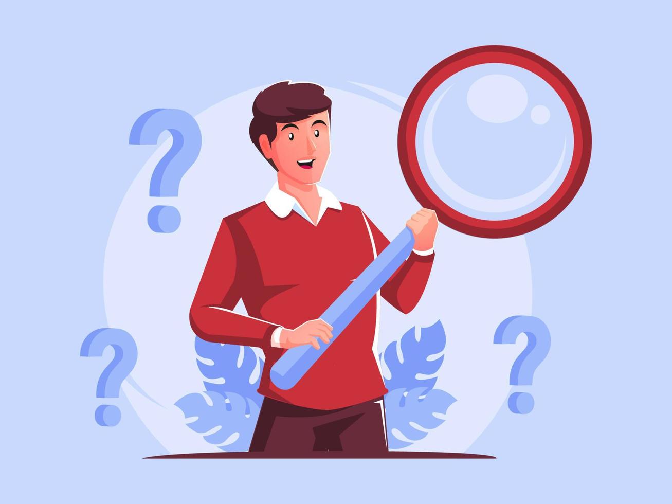 Man holding giant magnifying glass or loupe search engine concept vector