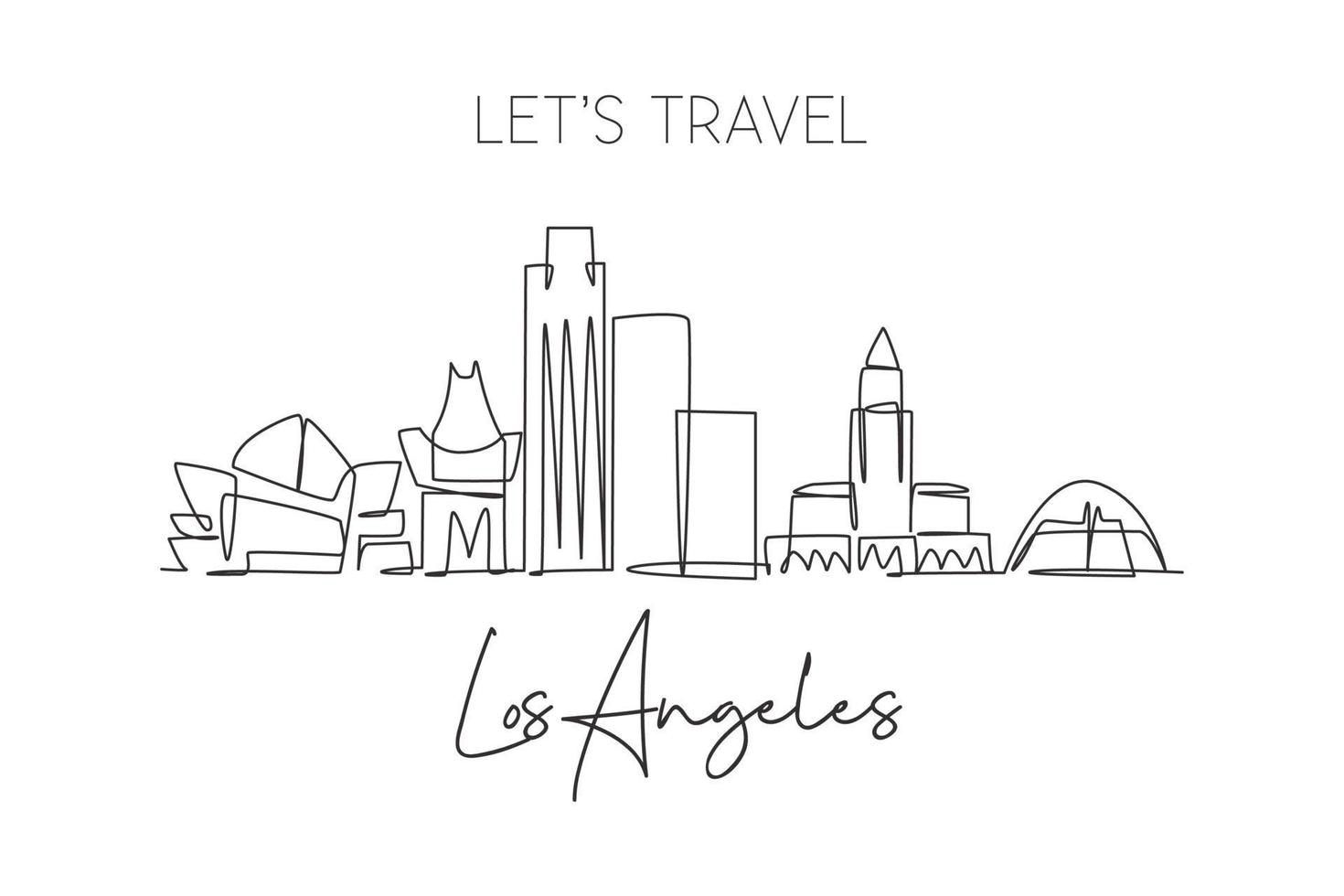 One single line drawing of Los Angeles city skyline, USA. Historical town landscape in world. Best holiday destination poster. Editable stroke trendy continuous line draw design vector illustration