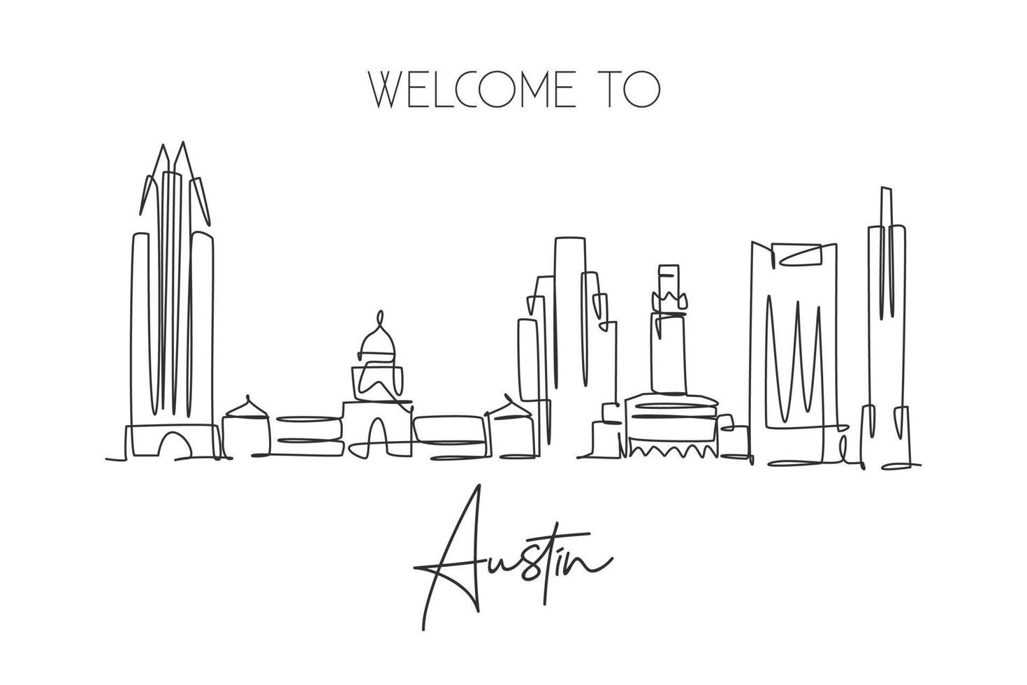 One single line drawing of Austin city skyline, United States. Historical town landscape in the world. Best holiday destination. Editable stroke trendy continuous line draw design vector illustration