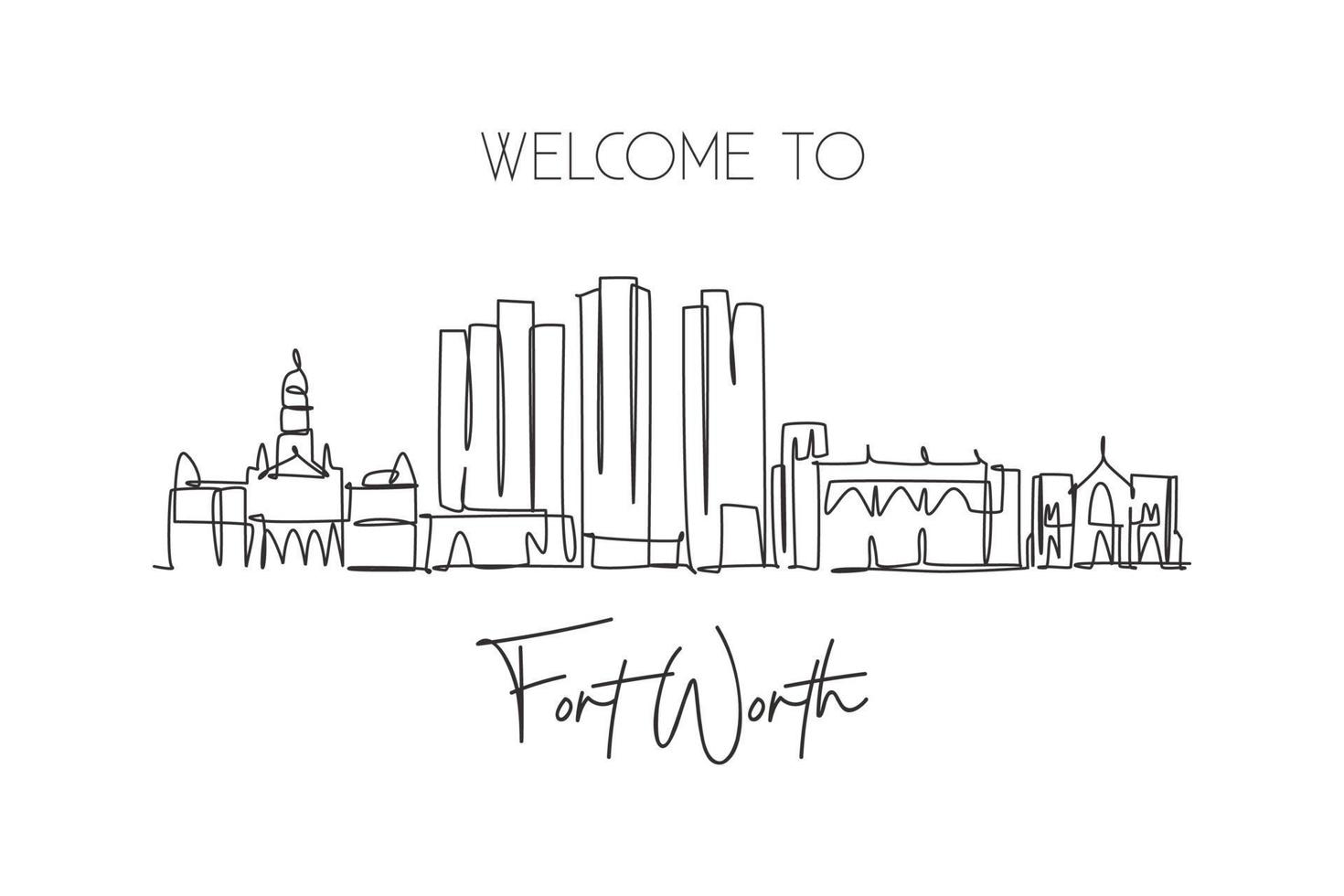 Single continuous line drawing of Fort Worth city skyline, United States of America. Famous landscape. World travel concept wall decor poster print art. Modern one line draw design vector illustration