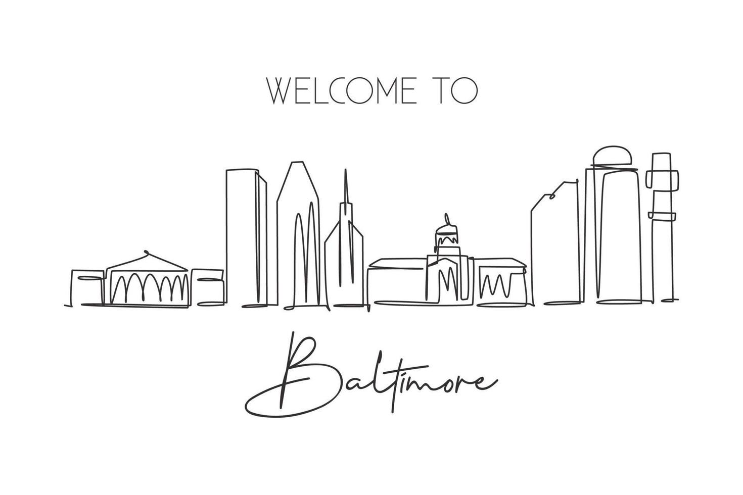 One continuous line drawing of Baltimore city skyline, USA. Beautiful landmark. World landscape tourism travel vacation poster art. Editable stylish stroke single line draw design vector illustration