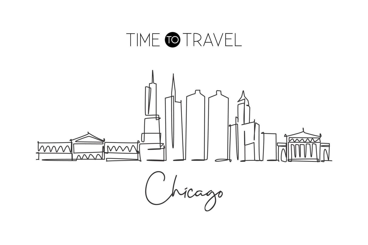 One single line drawing of Chicago city skyline, United States. Historical town landscape in the world. Best holiday destination. Editable stroke trendy continuous line draw design vector illustration