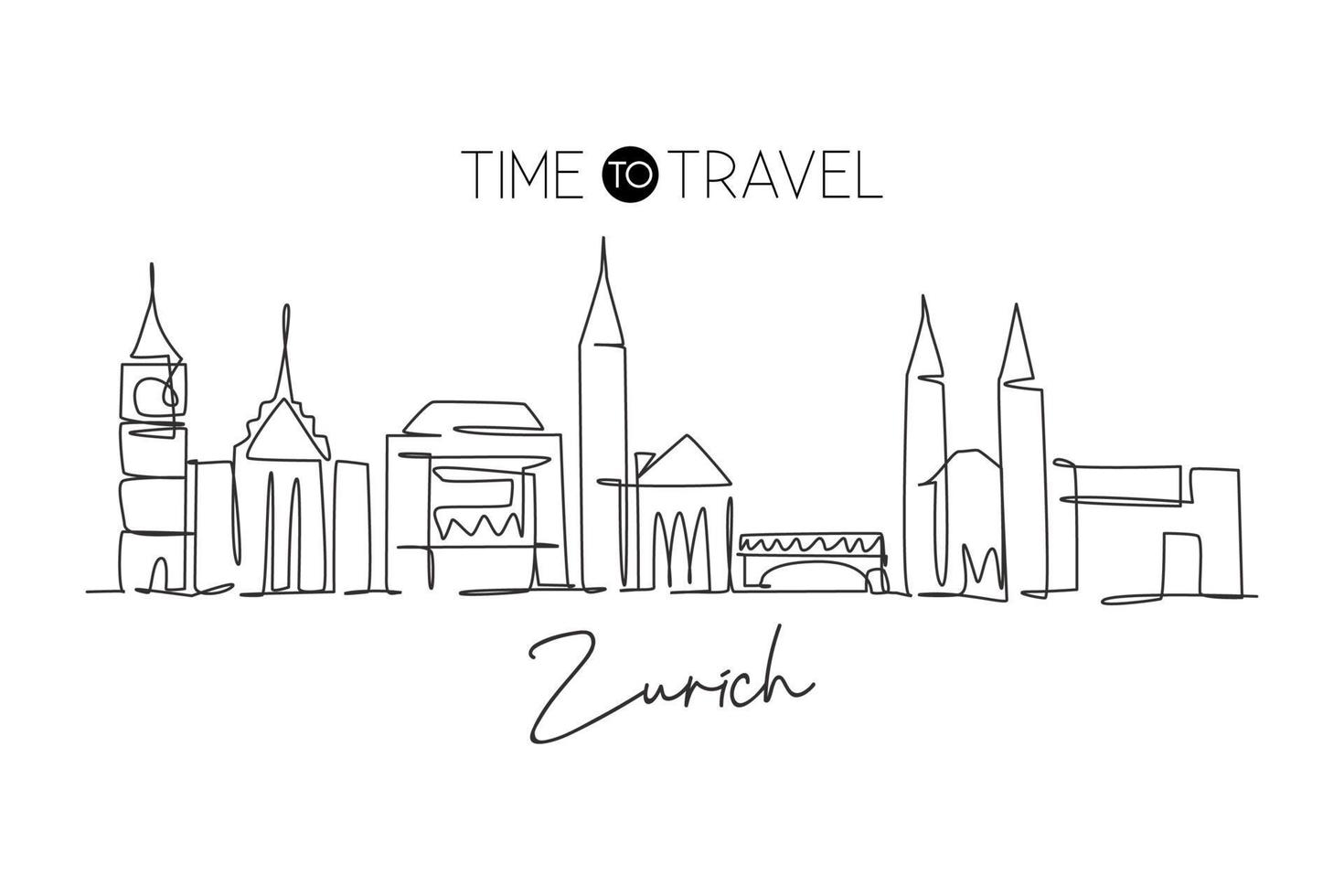 Single continuous line drawing of Zurich city skyline, Switzerland. Famous skyscraper landscape postcard. World travel concept home wall decor poster. Modern one line draw design vector illustration