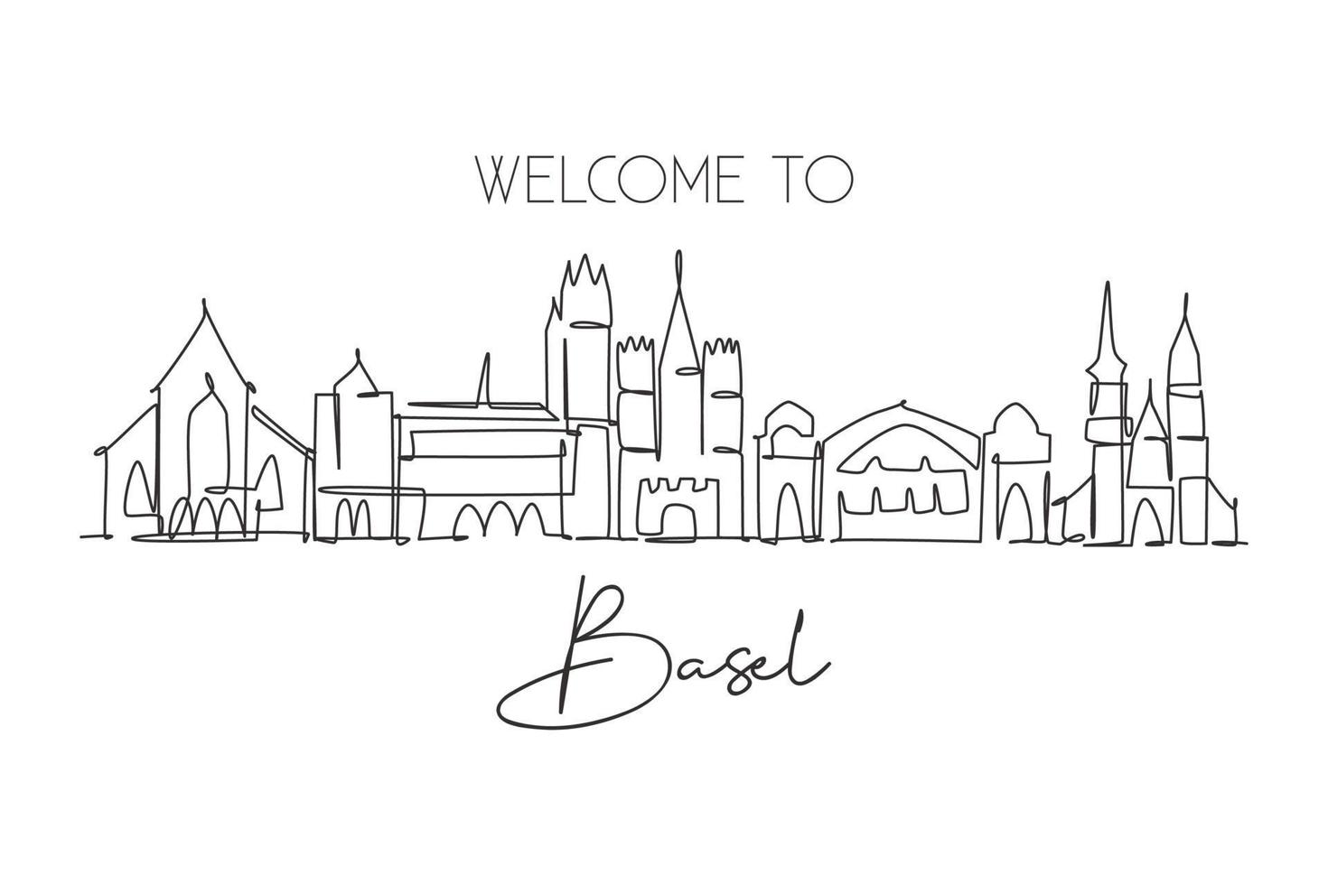 One single line drawing of Basel city skyline, Switzerland. Historical skyscraper landscape in world. Best holiday destination home wall decor. Trendy continuous line draw design vector illustration