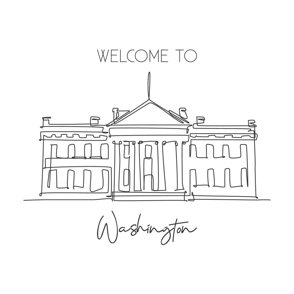 Single continuous line drawing of welcome to White House landmark. Beauty famous place in Washington DC, United States. World travel campaign concept. Modern one line draw design vector illustration