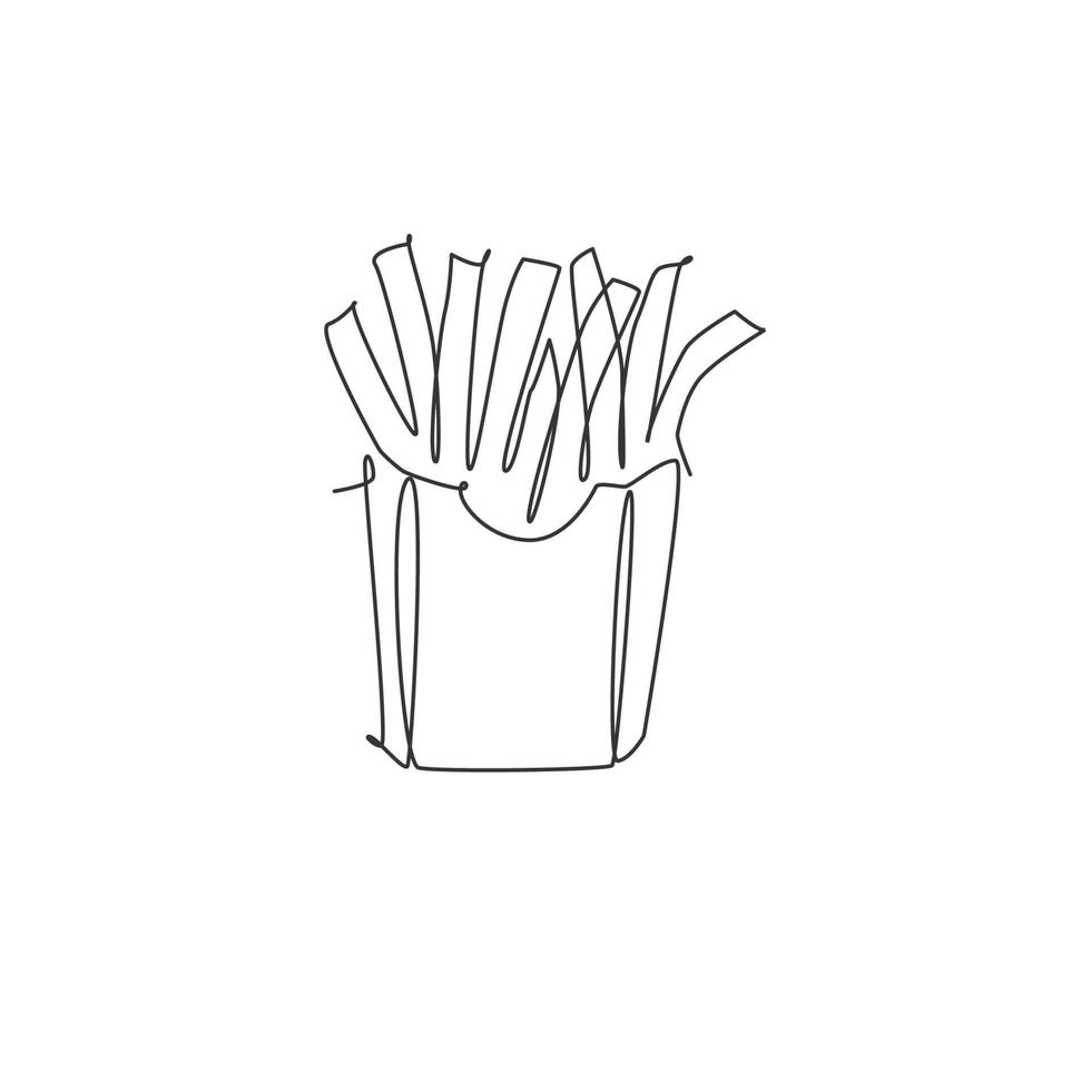 Single continuous line drawing of stylized french fries store logo label. Emblem fast food restaurant concept. Modern one line draw design vector illustration for cafe, shop or food delivery service
