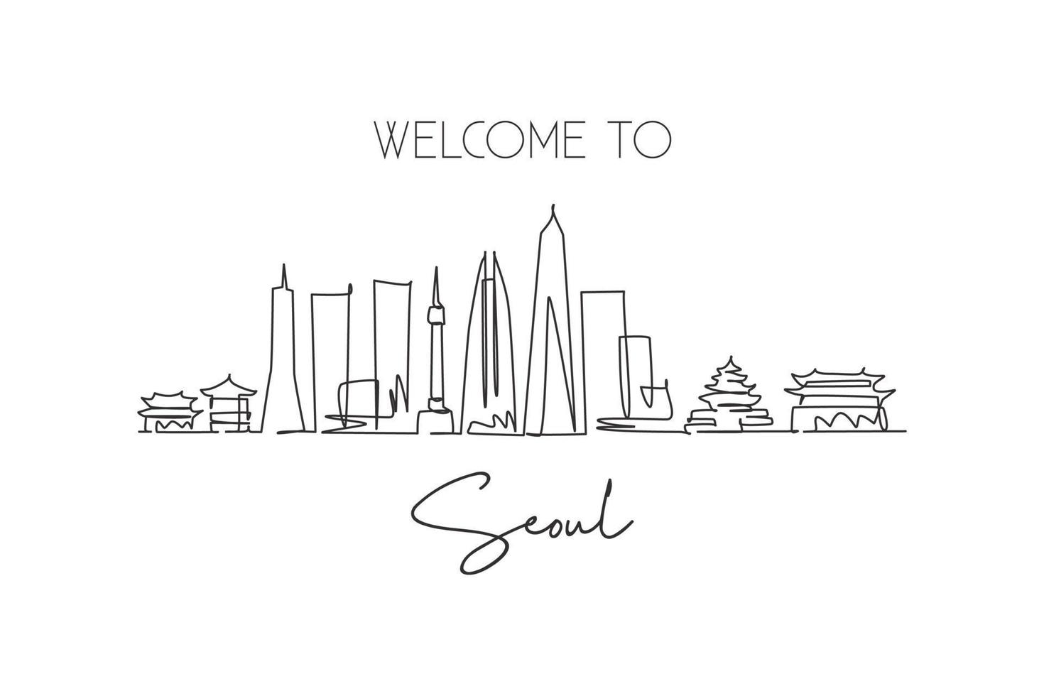 One single line drawing of Seoul city skyline, South Korea. World town landscape postcard print. Best place holiday destination. Editable stroke trendy continuous line draw design vector illustration