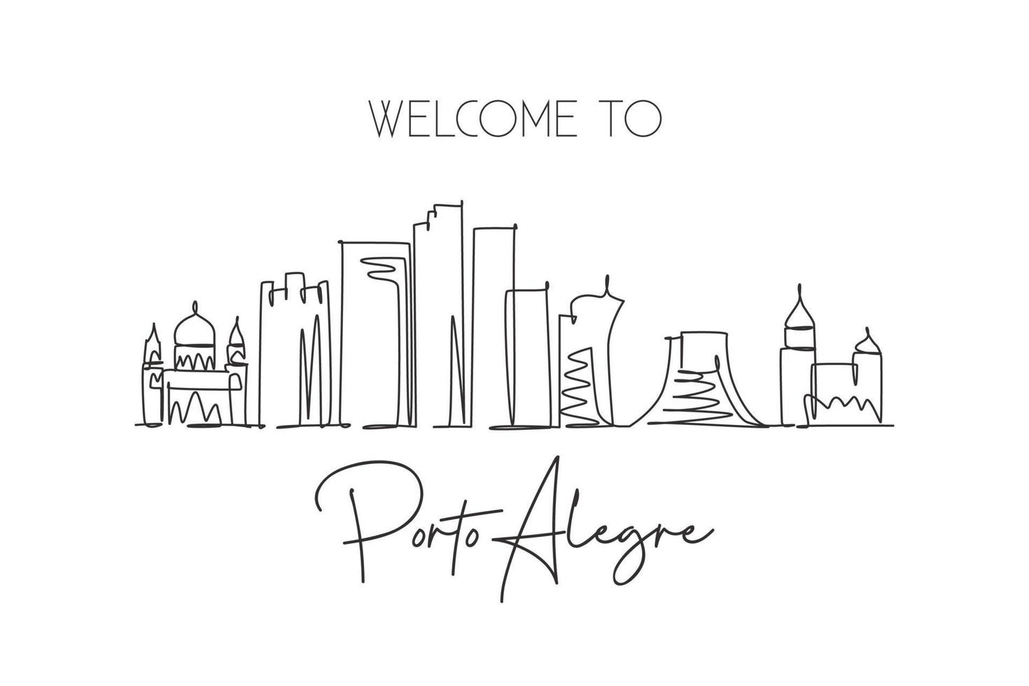 Single continuous line drawing of Porto Alegre city skyline, Brazil. Famous city scraper landscape. World travel destination concept. Editable stroke modern one line draw design vector illustration