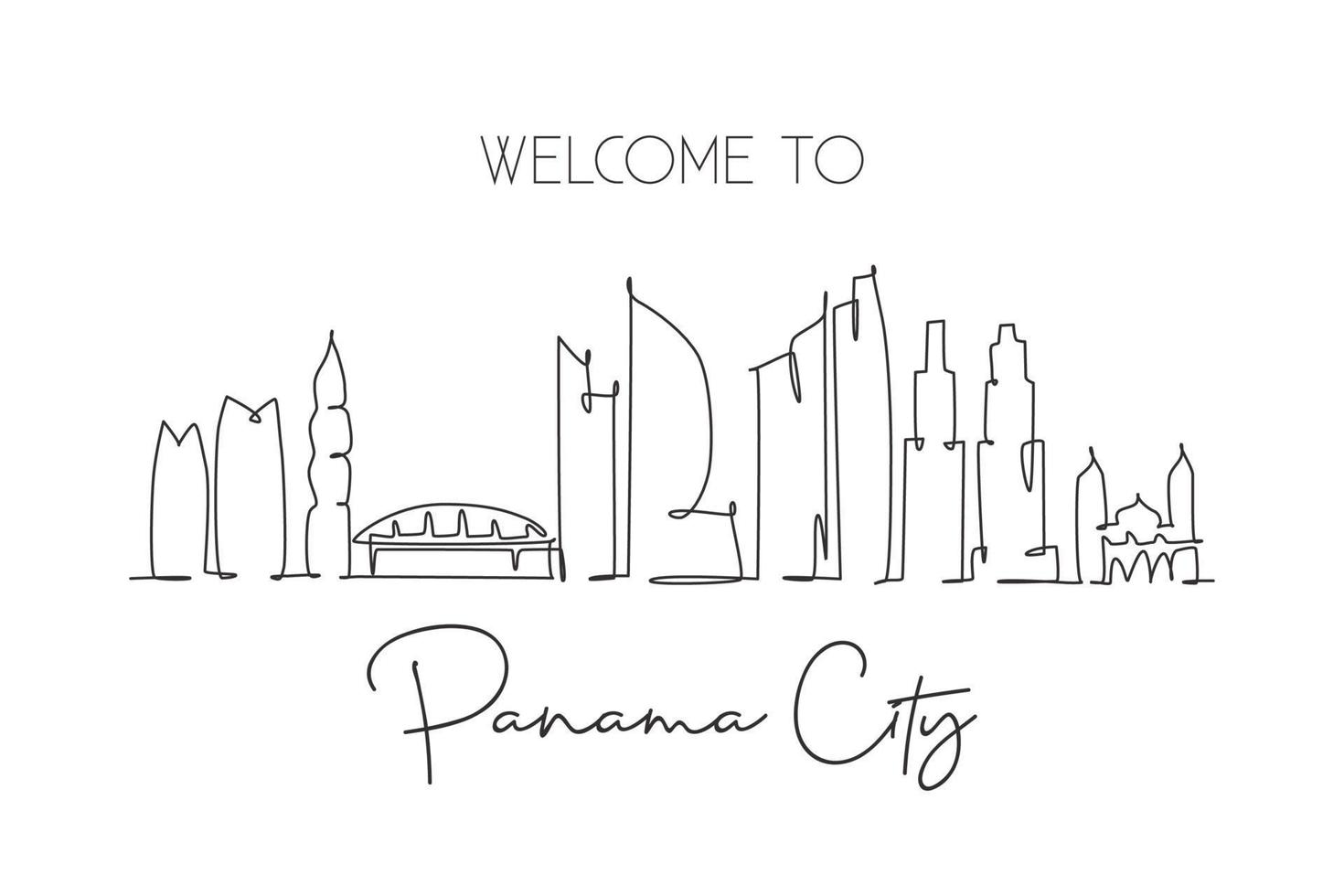 One single line drawing of Panama city skyline, Panama. World historical town landscape. Best place holiday destination postcard. Editable stroke trendy continuous line draw design vector illustration