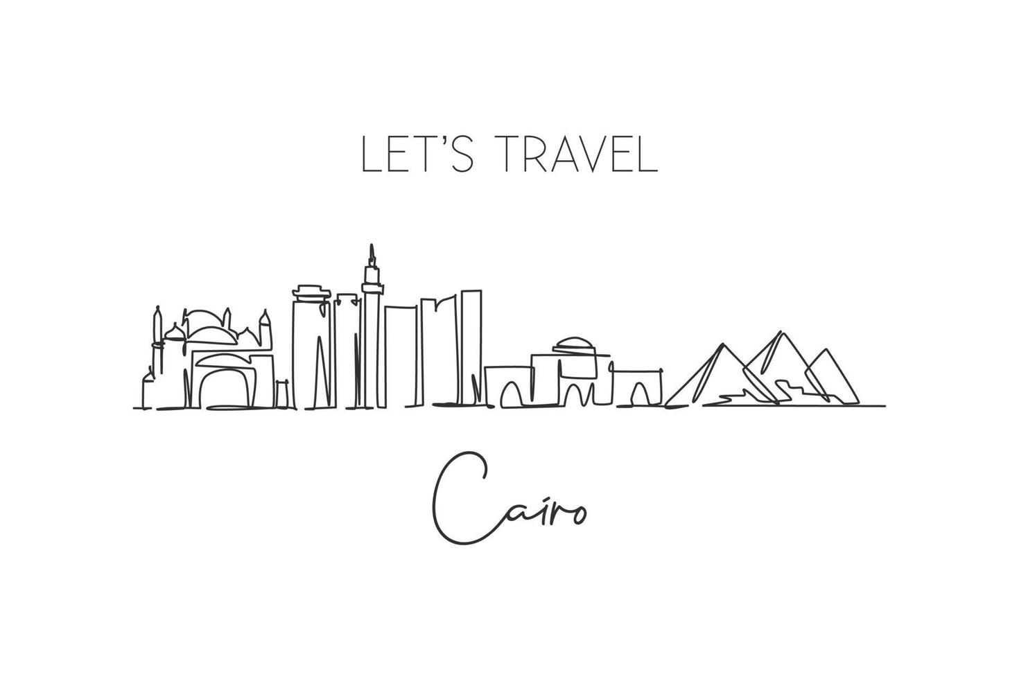 Single continuous line drawing of Cairo city skyline, Egypt. Famous city scraper and landscape home wall decor poster print art. World travel concept. Modern one line draw design vector illustration