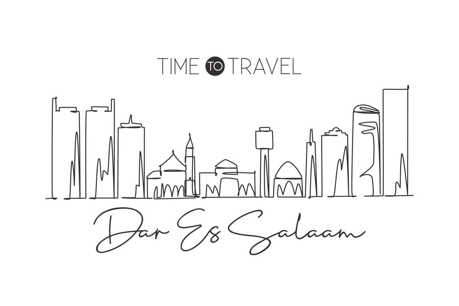 One single line drawing of Dar Es Salaam city skyline, Tanzania. Historical place landscape postcard print. Best holiday destination. Editable stroke Continuous line draw design vector illustration