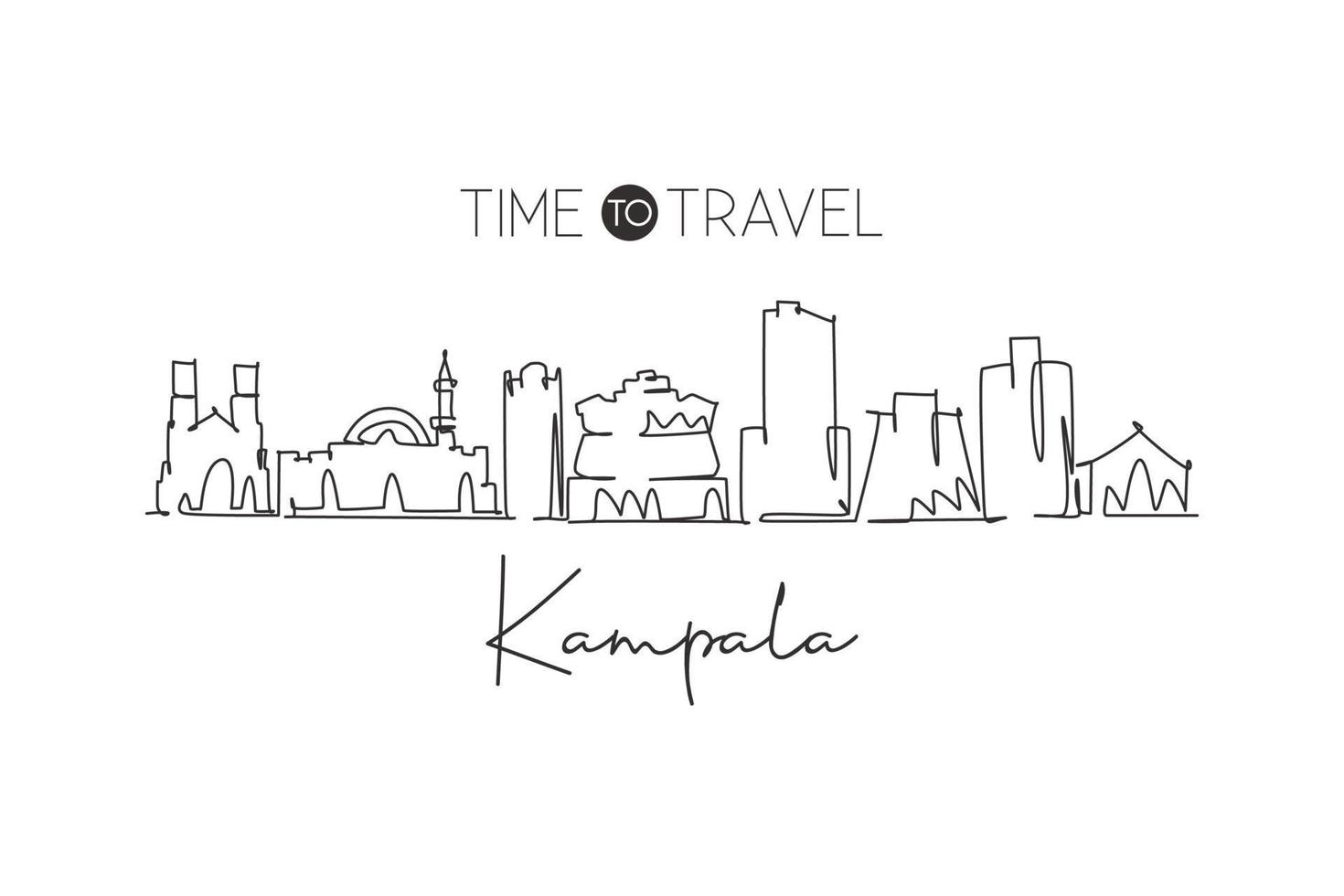 One continuous line drawing of Kampala skyline, Uganda. Beautiful city landmark postcard print. World landscape tourism and travel. Editable stylish stroke single line draw design vector illustration