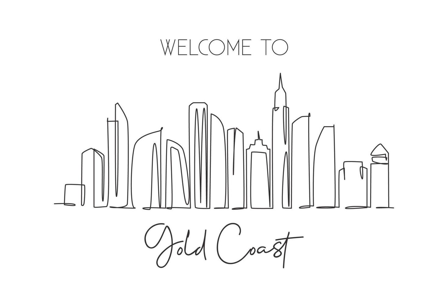 Single continuous line drawing of Gold Coast city skyline, Australia. Famous city landscape. World travel concept wall home decor art poster print. Modern one line draw design vector illustration