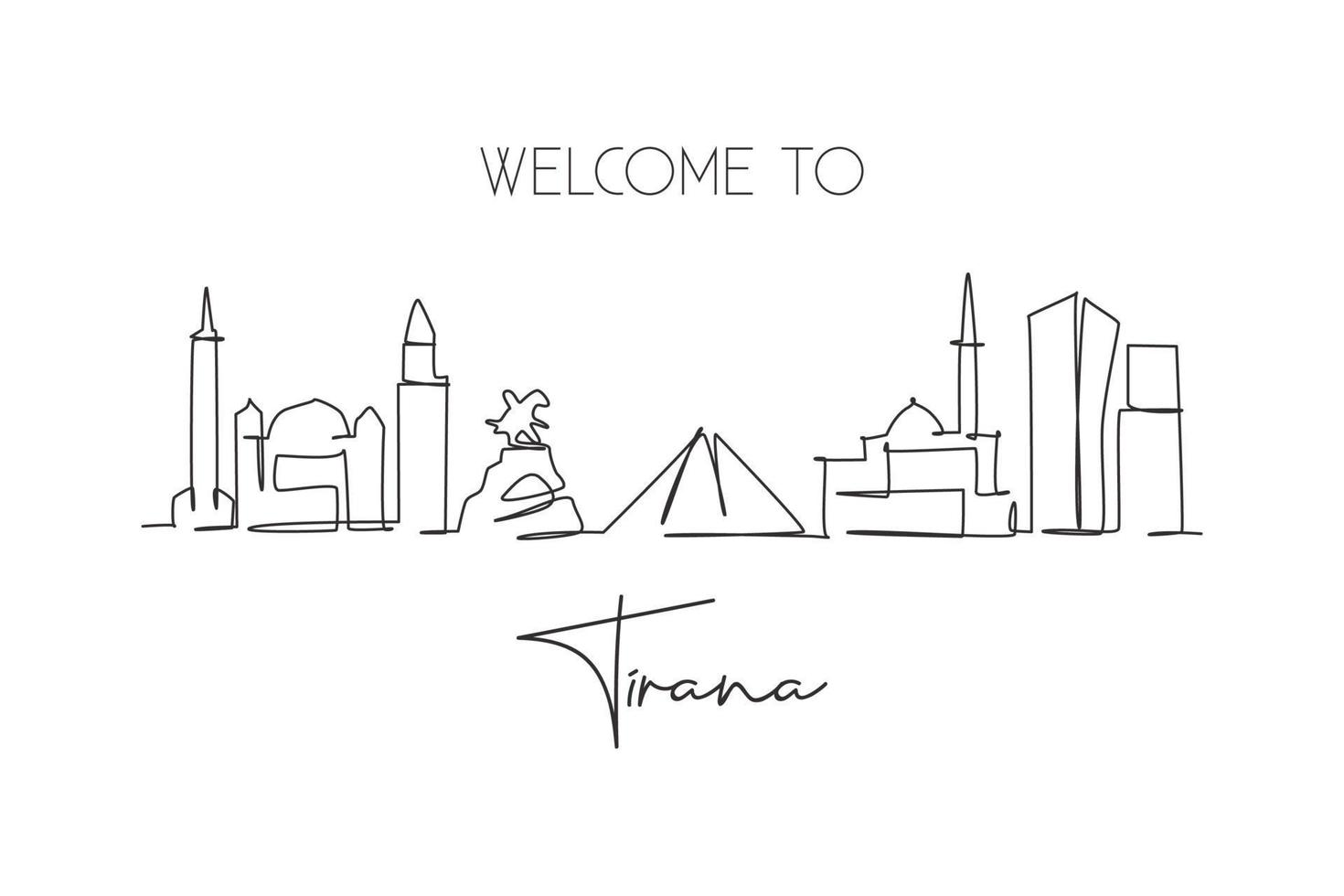 un dibujo de línea continua del horizonte de la ciudad de tirana, albania. hermoso hito. cartel de vacaciones de viaje y turismo de paisaje mundial. Ilustración de vector de diseño de dibujo de una sola línea de trazo elegante editable