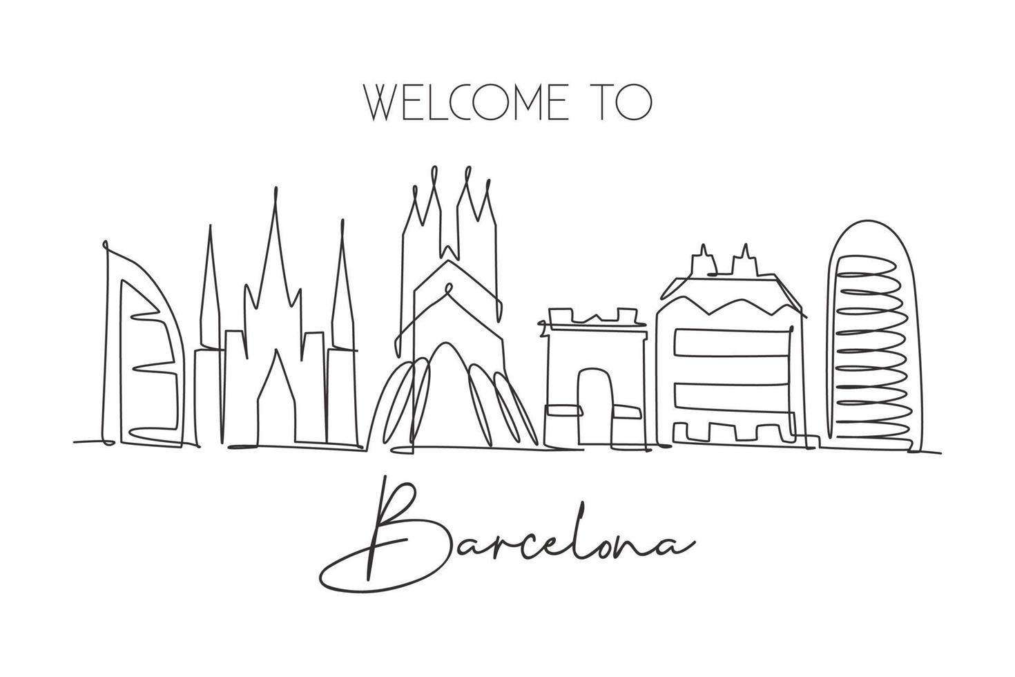 One single line drawing of Barcelona city skyline, Spain. Historical skyscraper landscape in world postcard. Best holiday destination wall decor poster. Continuous line draw design vector illustration