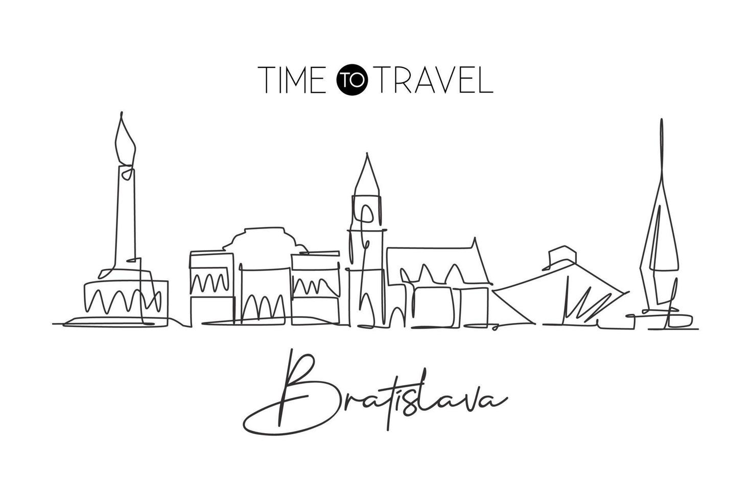 One single line drawing of Bratislava city skyline, Slovakia. Historical town landscape in the world. Best holiday destination. Editable stroke trendy continuous line draw design vector illustration