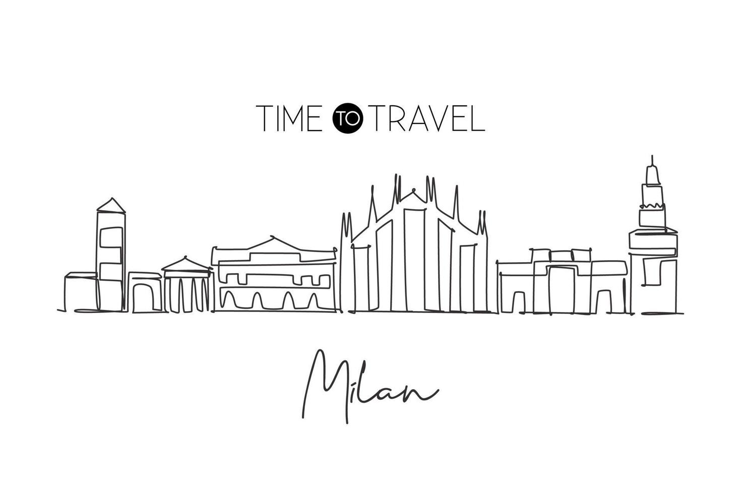 One continuous line drawing of Milan city skyline, Italy. Beautiful skyscraper. World landscape tourism travel vacation wall decor poster concept. Stylish single line draw design vector illustration
