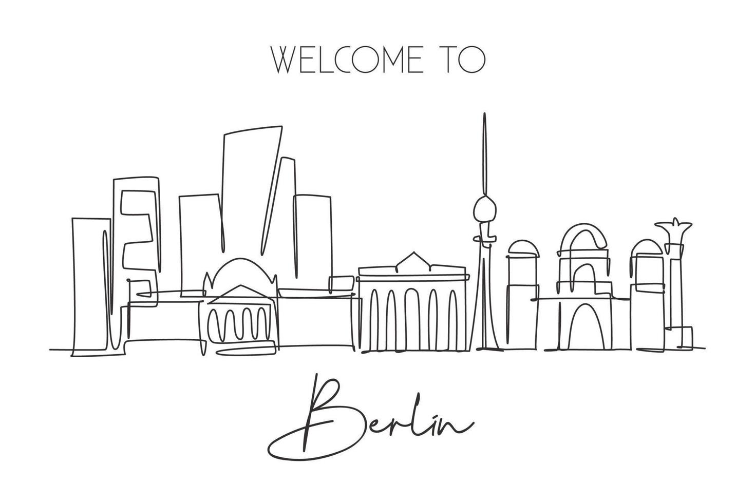 One continuous line drawing Berlin city skyline. Beautiful city skyscraper landscape. World home decor wall art poster art tourism travel vacation concept. Single line draw design vector illustration