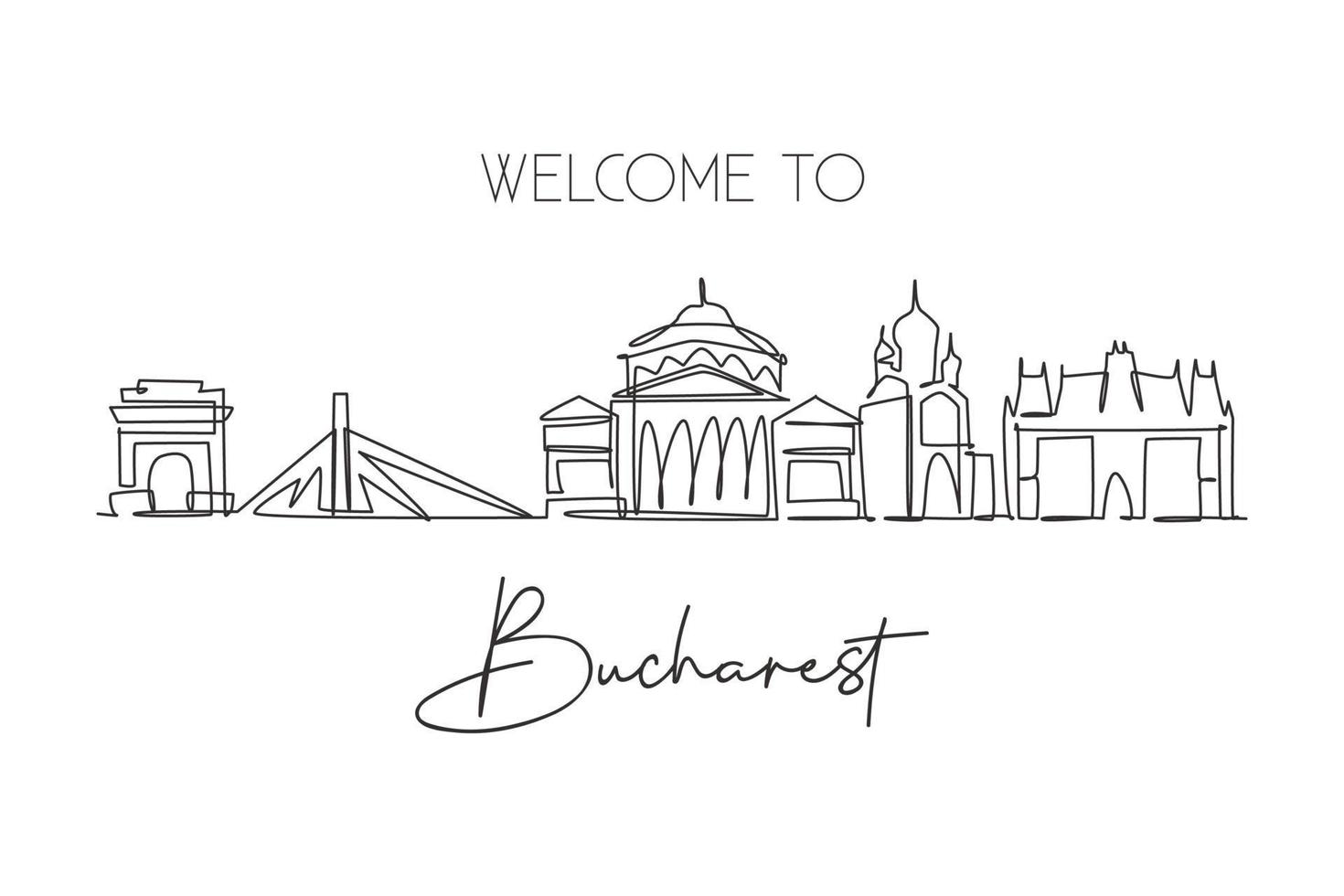 Single continuous line drawing of Bucharest city skyline, Romania. Famous city scraper landscape. World travel home art wall decor poster print concept. Modern one line draw design vector illustration