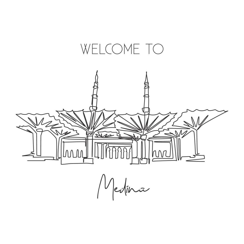 One single line drawing Masjid Al Nabawi landmark. Famous holy iconic in Medina Saudi Arab. Hajj umrah travel wall decor poster print concept. Modern continuous line draw design vector illustration