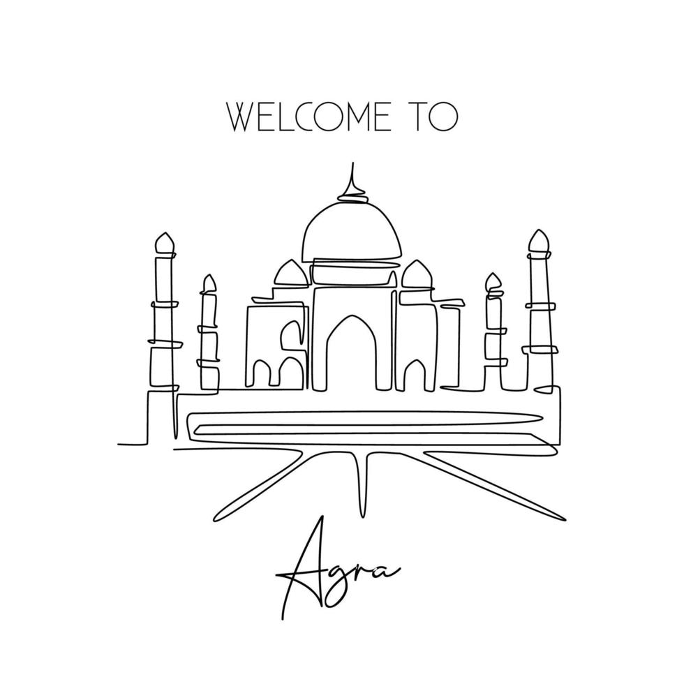 dibujo de una sola línea de la mezquita taj mahal. Lugar icónico histórico de belleza en Agra, India, arte de póster de decoración de paredes. concepto de postal de viaje turístico. ilustración de vector de diseño de dibujo de línea continua moderna