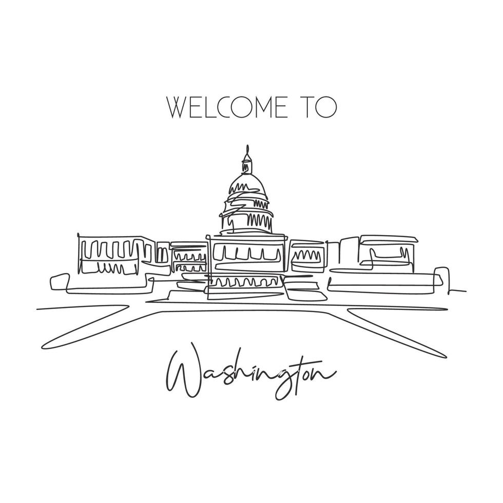 One single line drawing Capitol Hill landmark. World famous place in Washington DC, USA. Tourism travel postcard wall decor home art poster. Modern continuous line draw design vector illustration