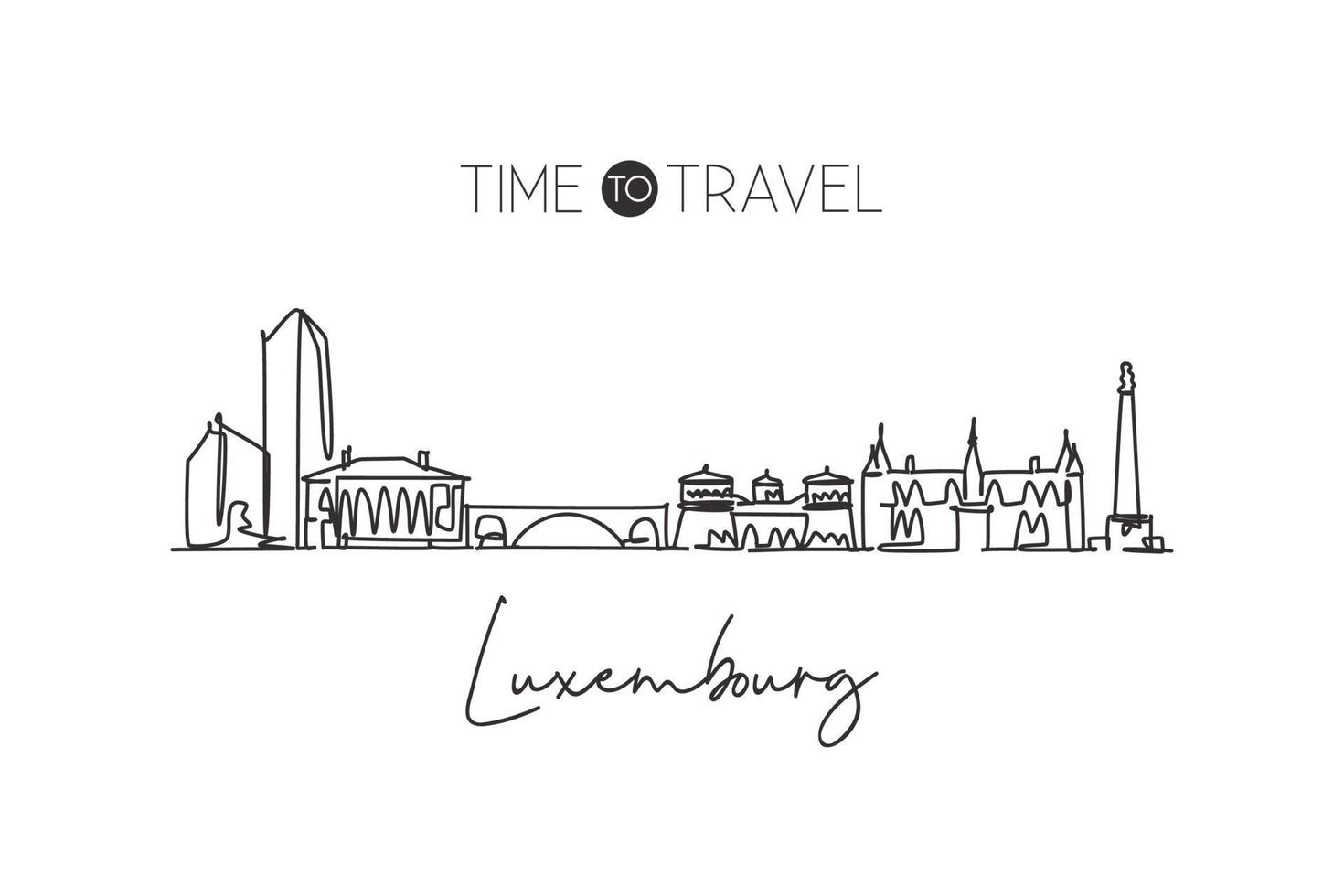 Single continuous line drawing Luxembourg city skyline. Famous city scraper landscape home wall decor poster print. World travel destination concept. Modern one line draw design vector illustration