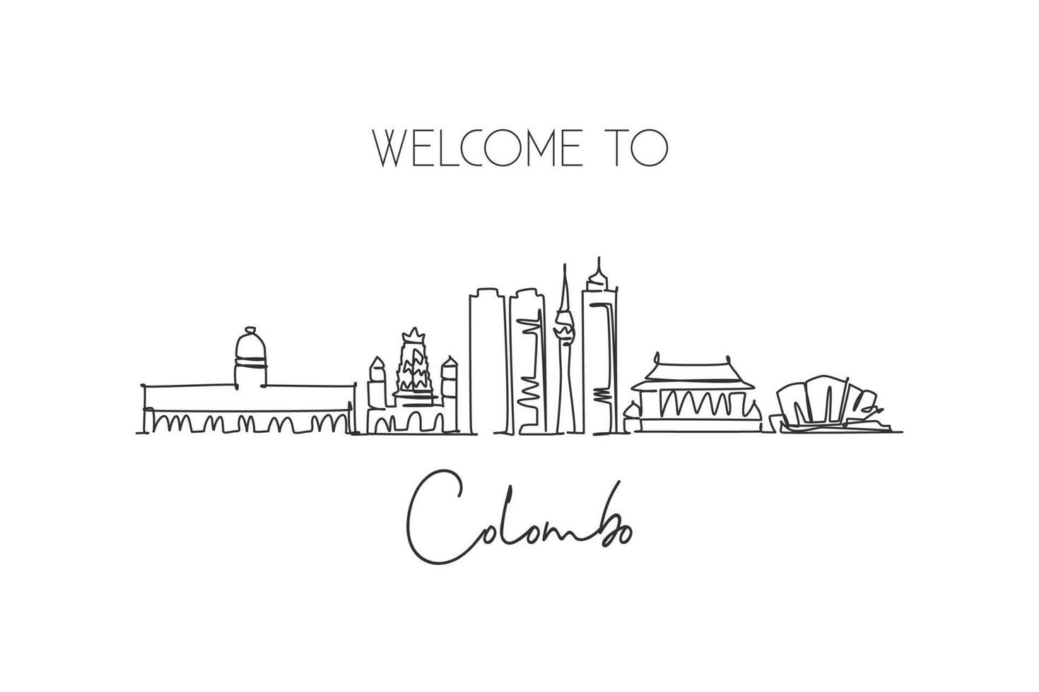 One continuous line drawing Colombo city skyline, Sri Lanka. Beautiful landmark postcard. World landscape tourism travel vacation. Editable stylish stroke single line draw design vector illustration