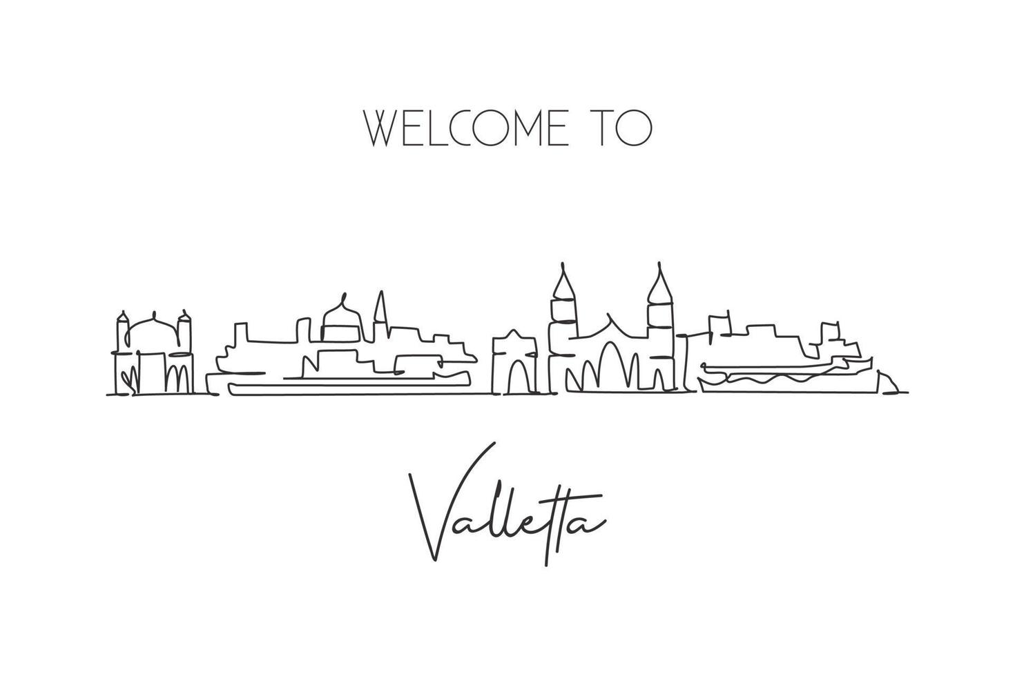 One continuous line drawing of Valletta city skyline, Malta. Beautiful landmark postcard. World landscape tourism travel vacation. Editable stylish stroke single line draw design vector illustration