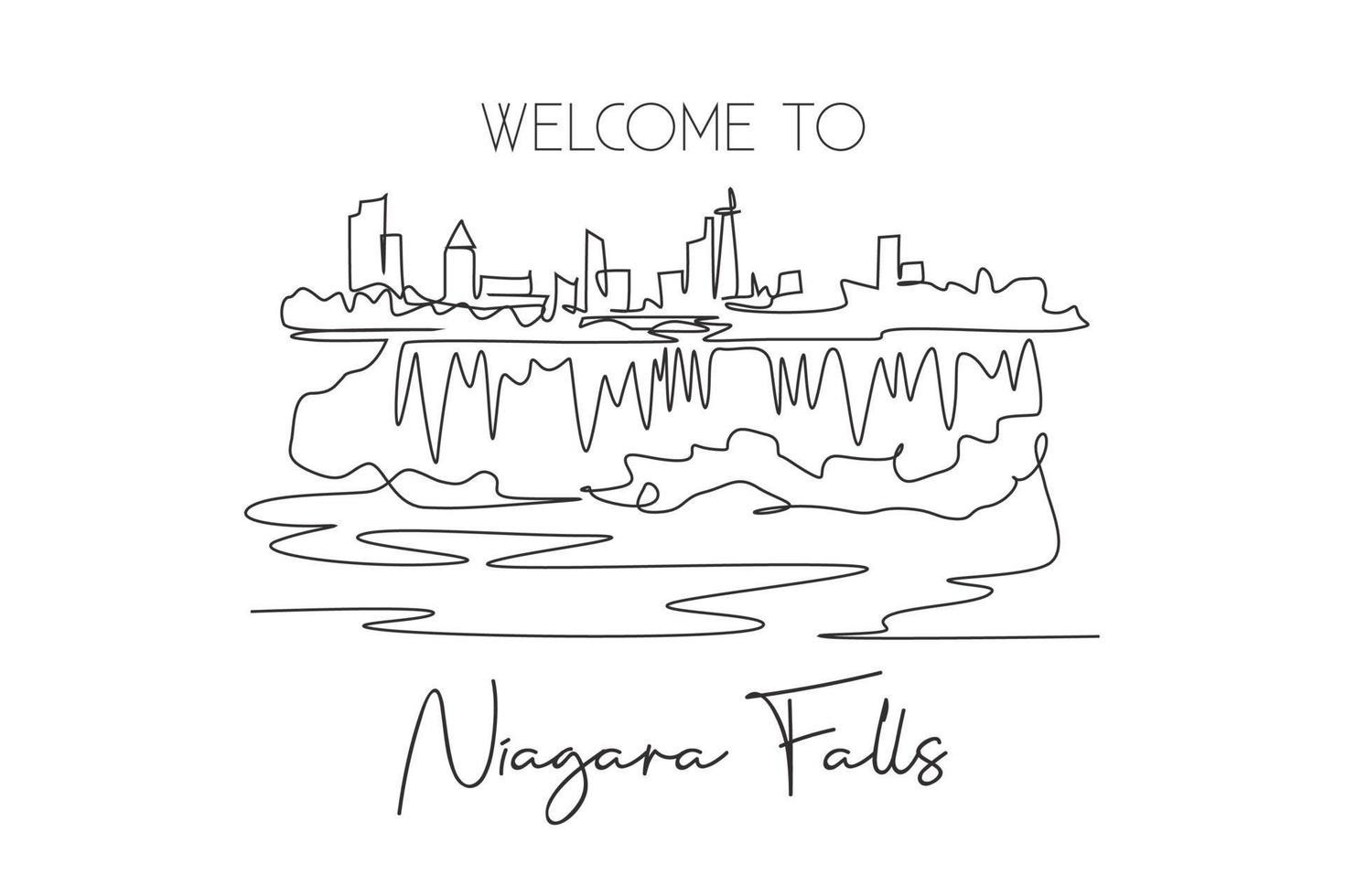 One continuous line drawing Niagara Falls skyline, Canada. Beautiful nature landmark postcard art. World landscape tourism travel vacation. Editable stroke single line draw design vector illustration