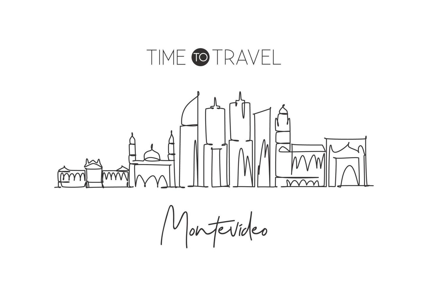 One continuous line drawing of Montevideo city skyline, Uruguay. Beautiful landmark. World landscape tourism and travel vacation. Editable stylish stroke single line draw design vector illustration