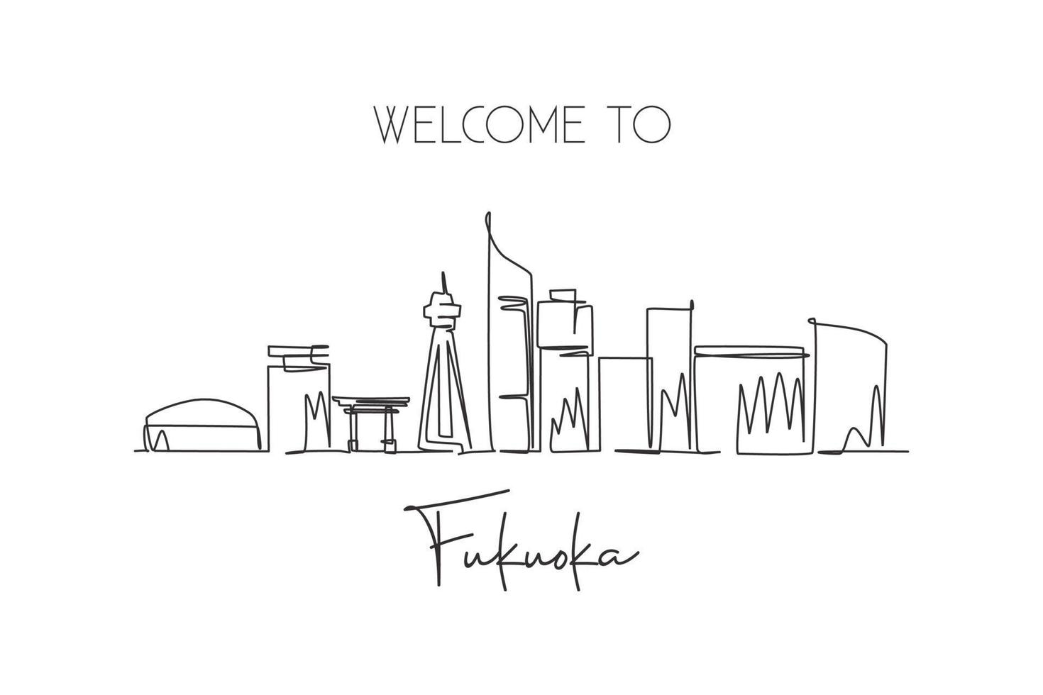 One single line drawing of Fukuoka city skyline, Japan. Historical town landscape in the world. Best holiday destination poster. Editable stroke trendy continuous line draw design vector illustration
