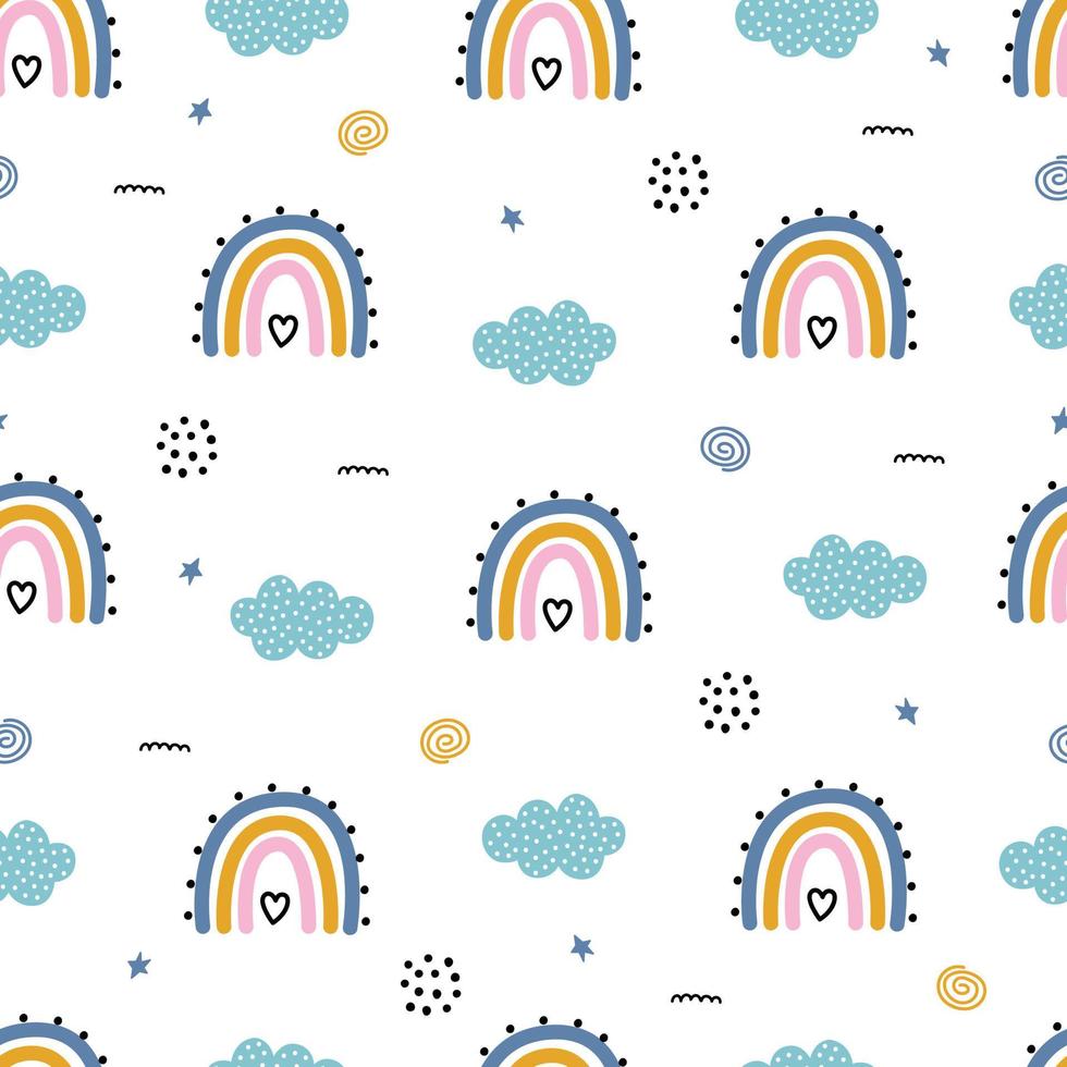 Seamless baby pattern rainbow with clouds on white background, hand drawn, designed in a cartoon style vector