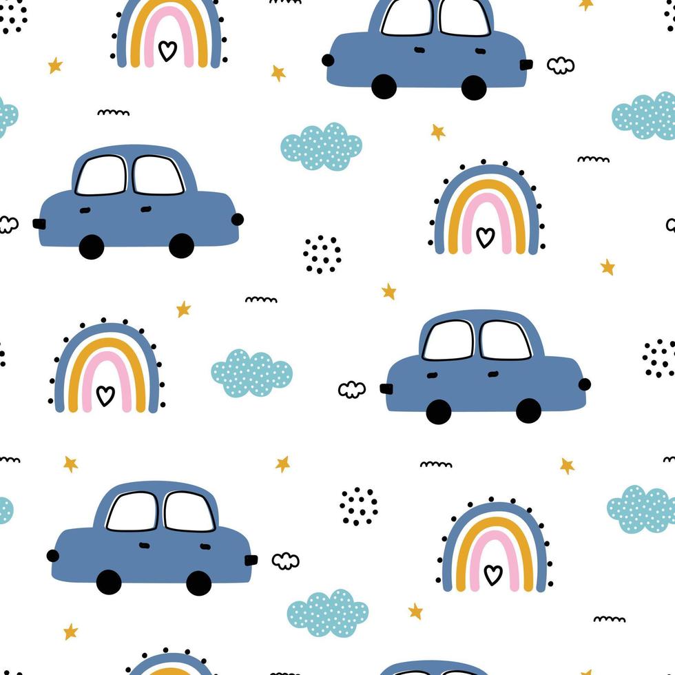 Seamless baby pattern car with rainbow on white background, hand drawn, designed in a cartoon style vector