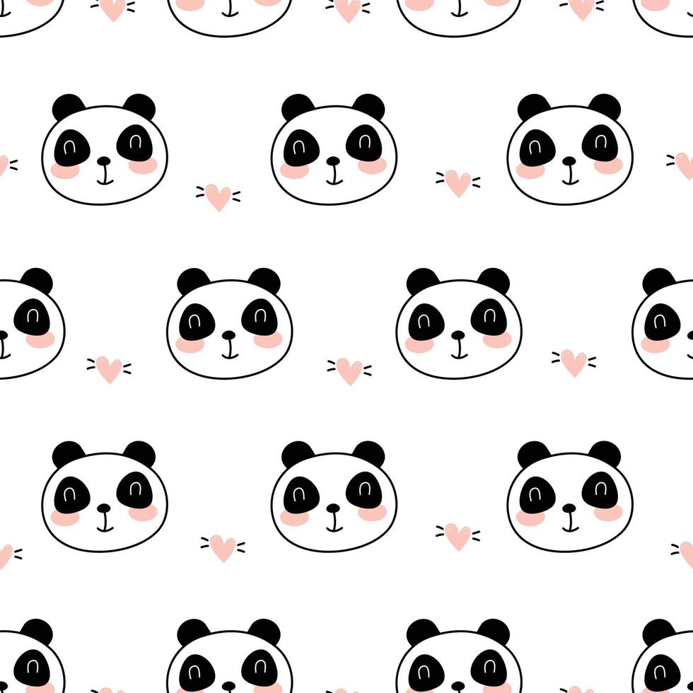 seamless, patrón, caricatura, animal, plano de fondo, con, panda, cara, con, pequeño, corazón, icono vector