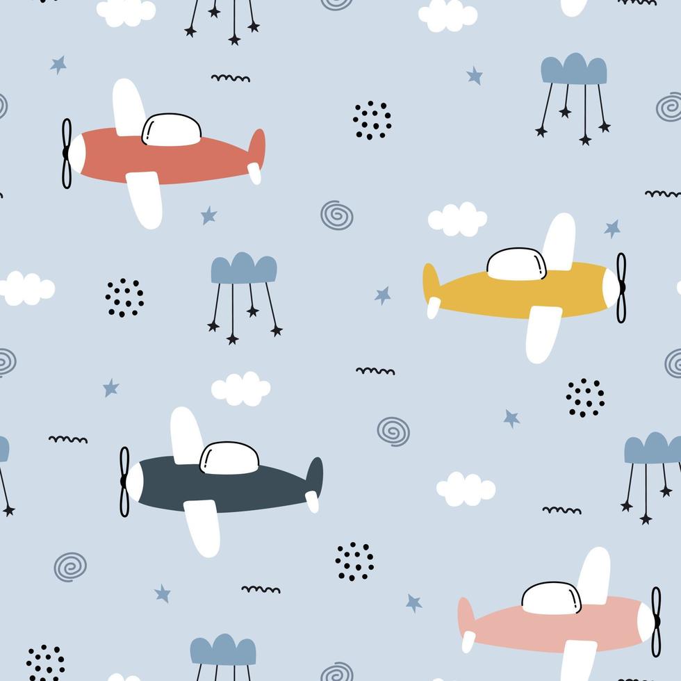 avión con cielo bebé de patrones sin fisuras dibujado a mano lindo fondo de dibujos animados para niños vector