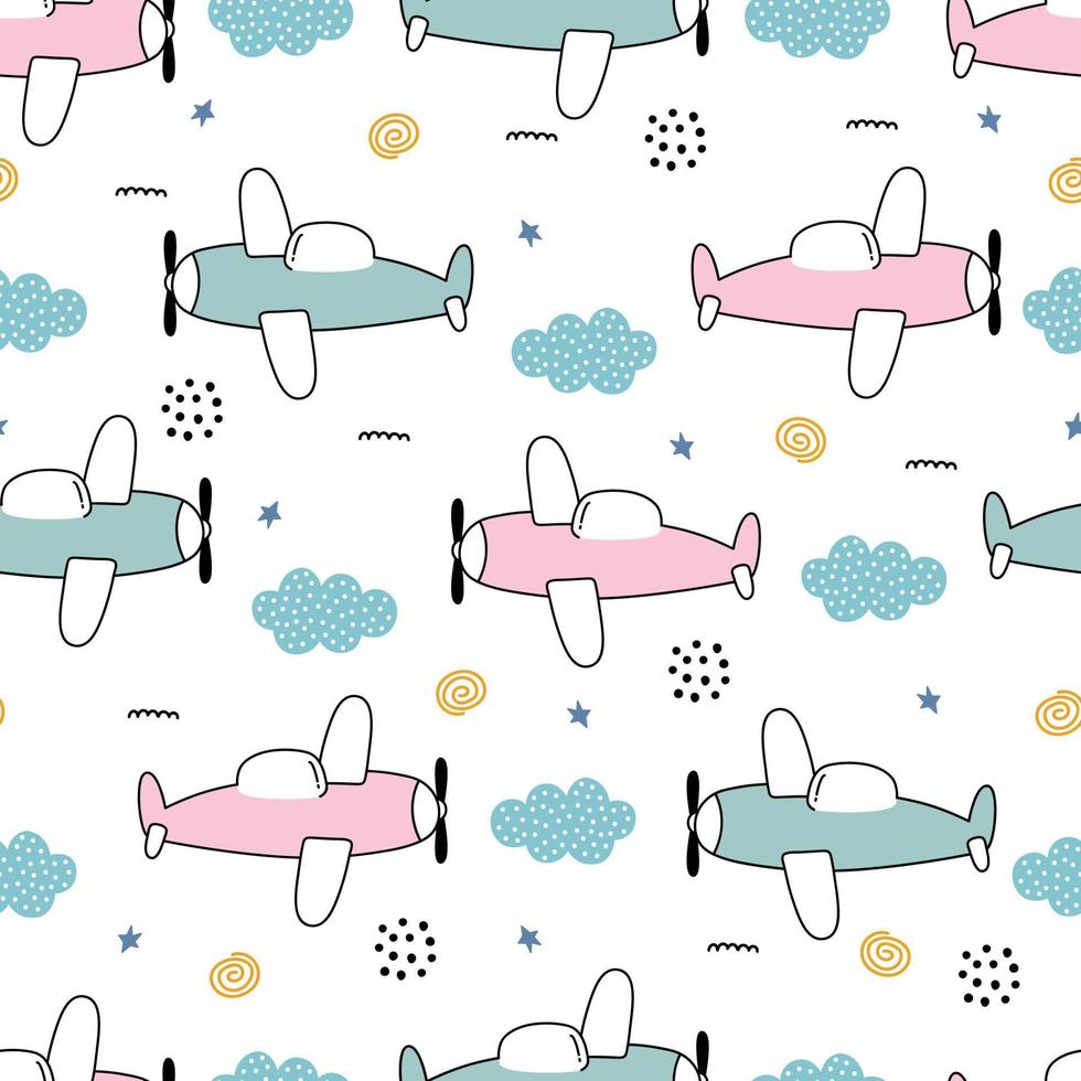 Airplane and clouds in the sky baby seamless pattern hand drawn cute cartoon background for kid vector