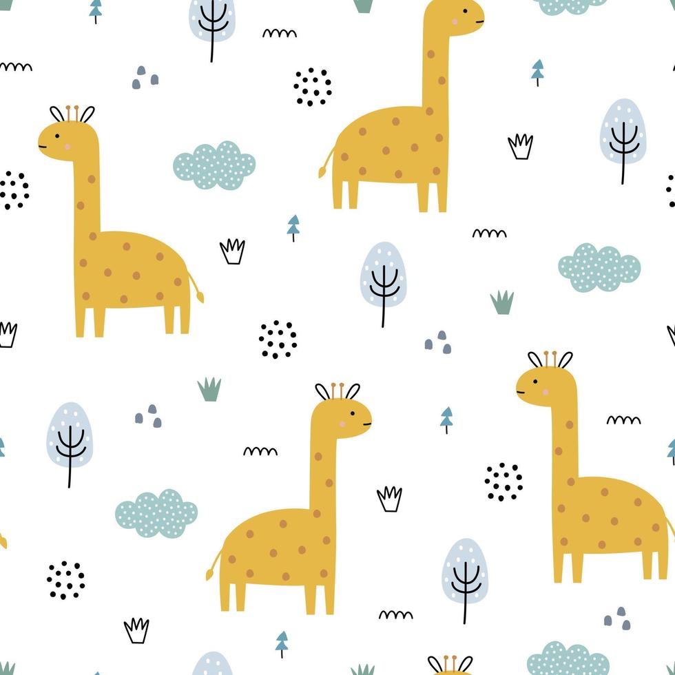 jirafa y árbol bebé de patrones sin fisuras dibujado a mano dibujos animados lindo fondo para niños vector