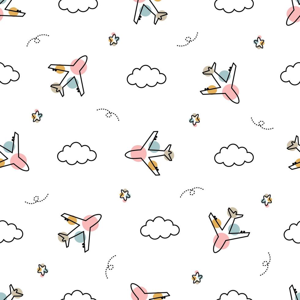 avión y nubes en el cielo bebé de patrones sin fisuras dibujado a mano lindo fondo de dibujos animados para niños vector