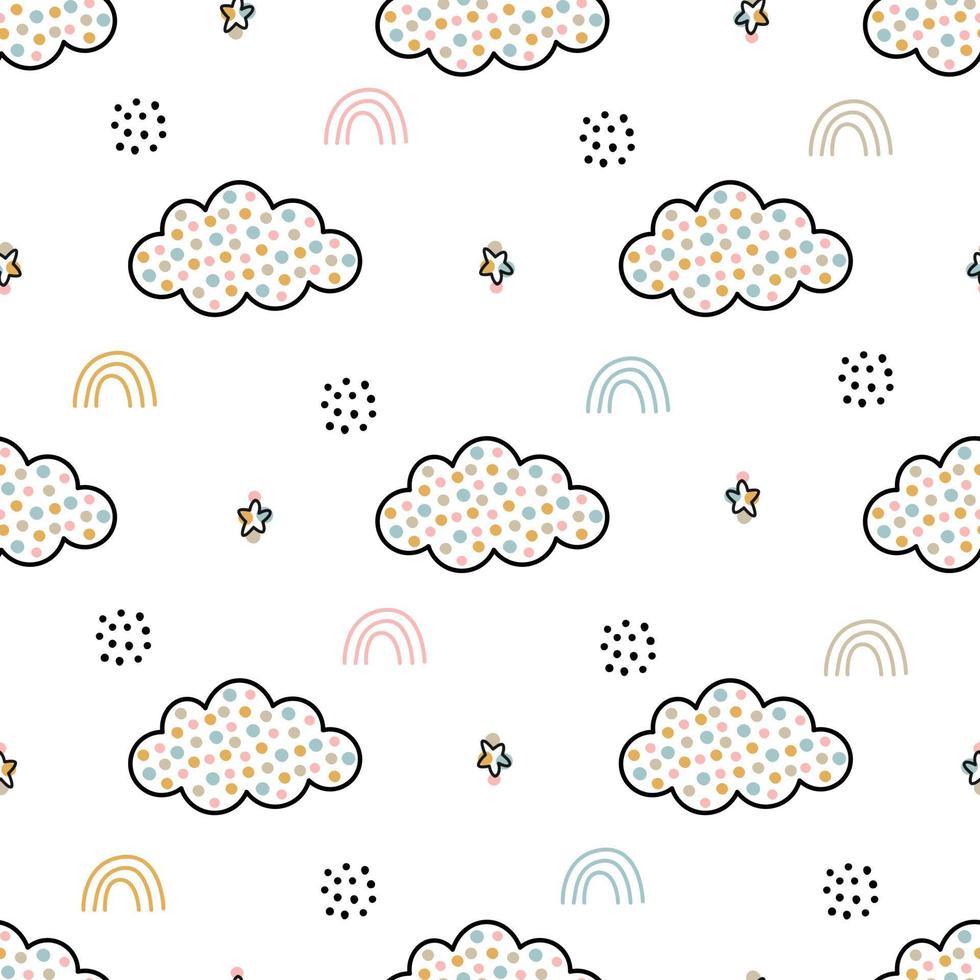 Seamless nursery pattern clouds and rainbow cute textures for baby bedding, fabrics, wallpaper, wrapping paper, textiles vector