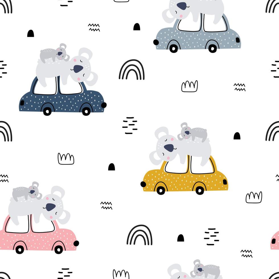 Seamless nursery pattern car with koala Cute textures for baby bedding, fabrics, wallpaper, wrapping paper, textiles, t-shirt printing vector