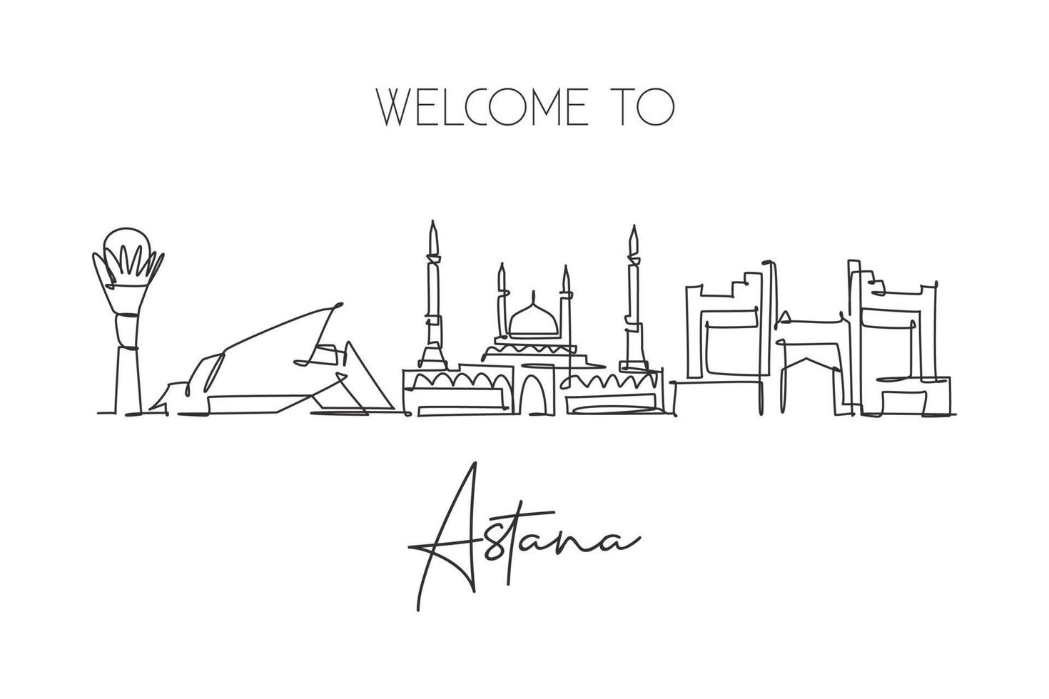 Single continuous line drawing of Nur Sultan, Astana city skyline, Kazakhstan. Famous city landscape. World travel concept home wall decor poster print. Modern one line draw design vector illustration