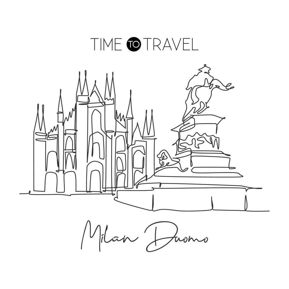 Single continuous line drawing Duomo di Milano landmark. Beautiful famous place in Milan, Italy. World travel tour home wall decor art poster concept. Modern one line draw design vector illustration