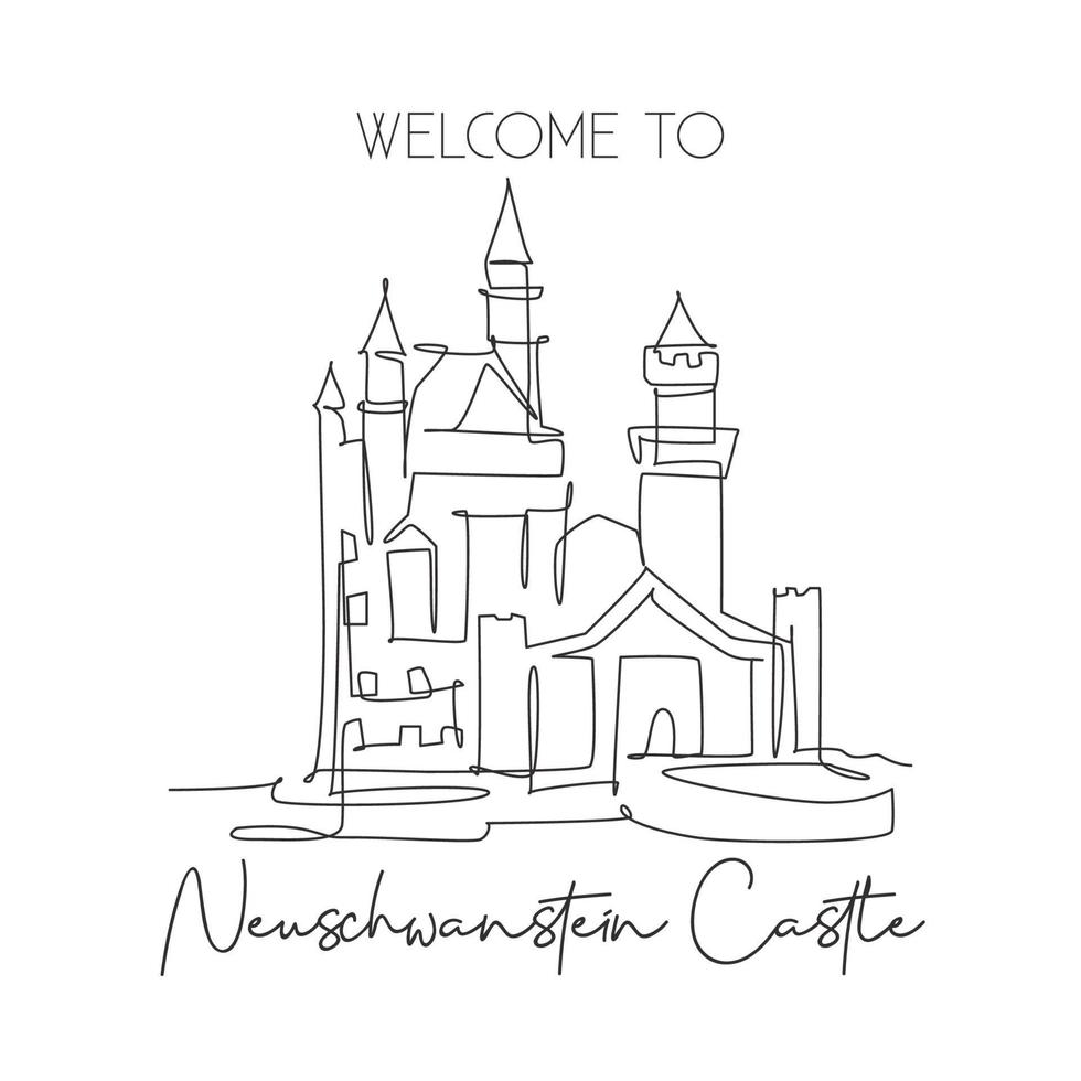 One single line drawing Neuschwanstein Castle landmark. World famous in Hohenschwangau Germany. Tourism travel postcard home wall decor poster concept. Continuous line draw design vector illustration